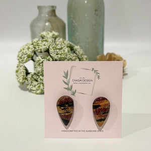 Burgundy and Gold Marble - Inverted Teardrop Studs