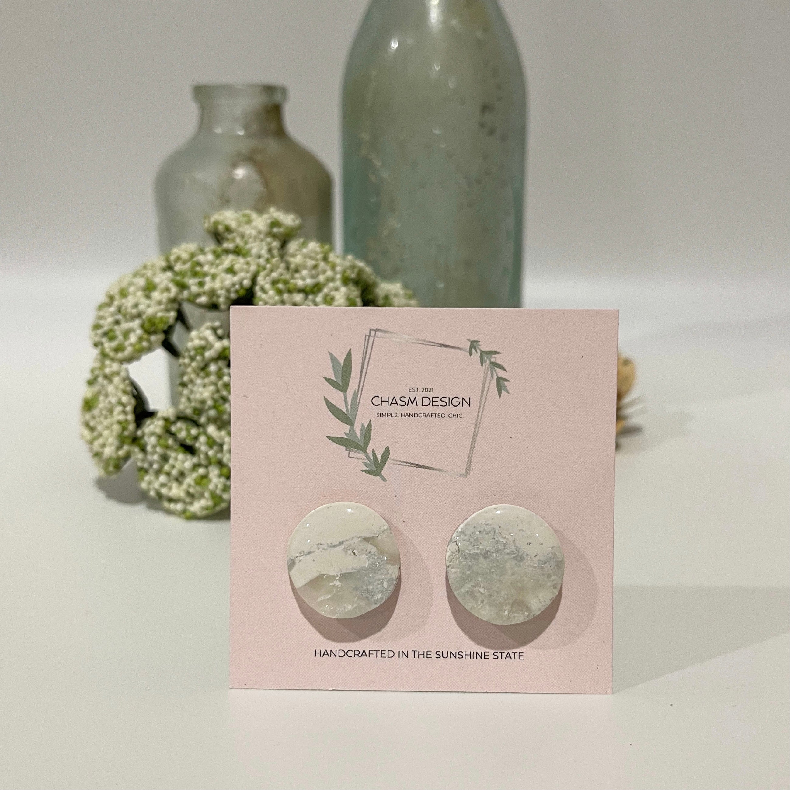 White and Silver Marble - Circle Studs