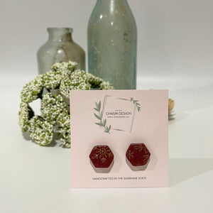 Burgundy Snowflake Design - Mini Hexagon Studs