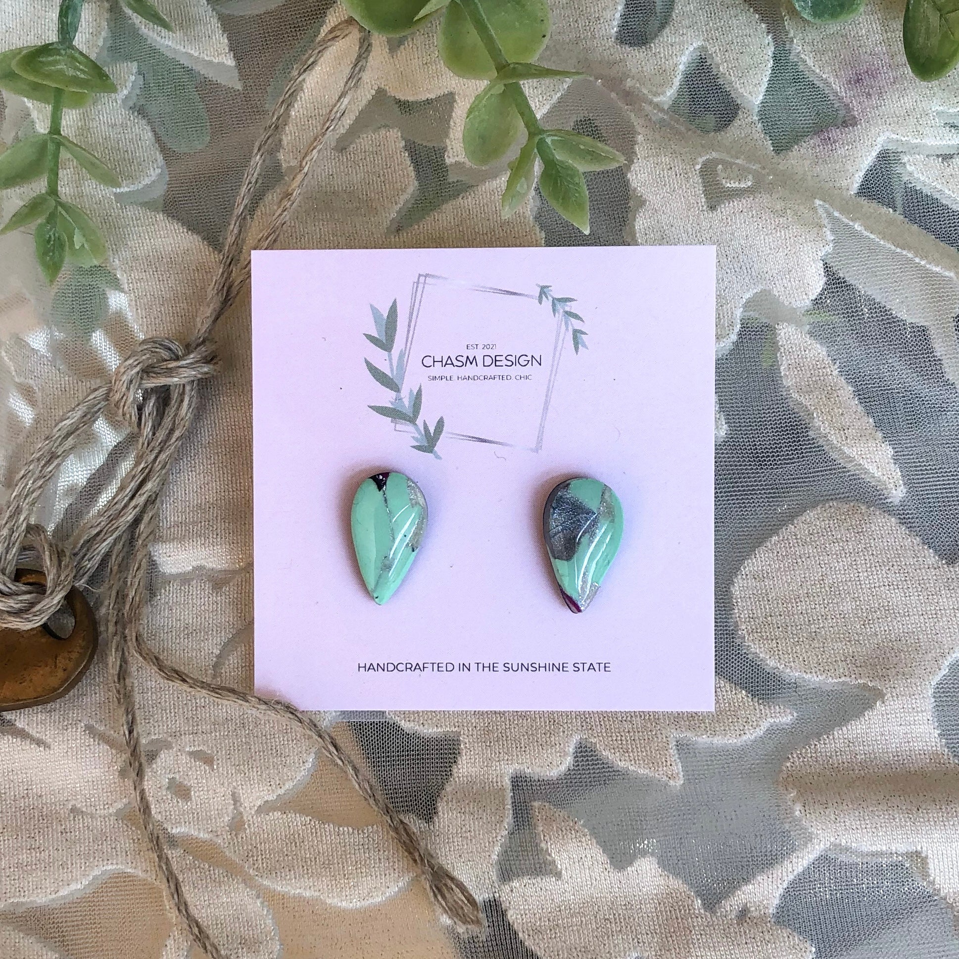 Mint Green and Fuchsia Marble Studs