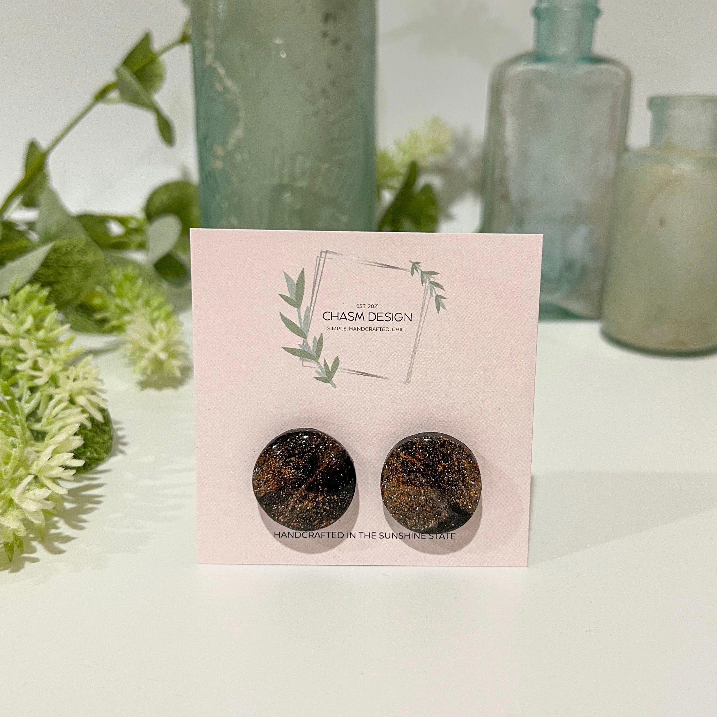 Rose Gold and Black Marble - Circle Studs