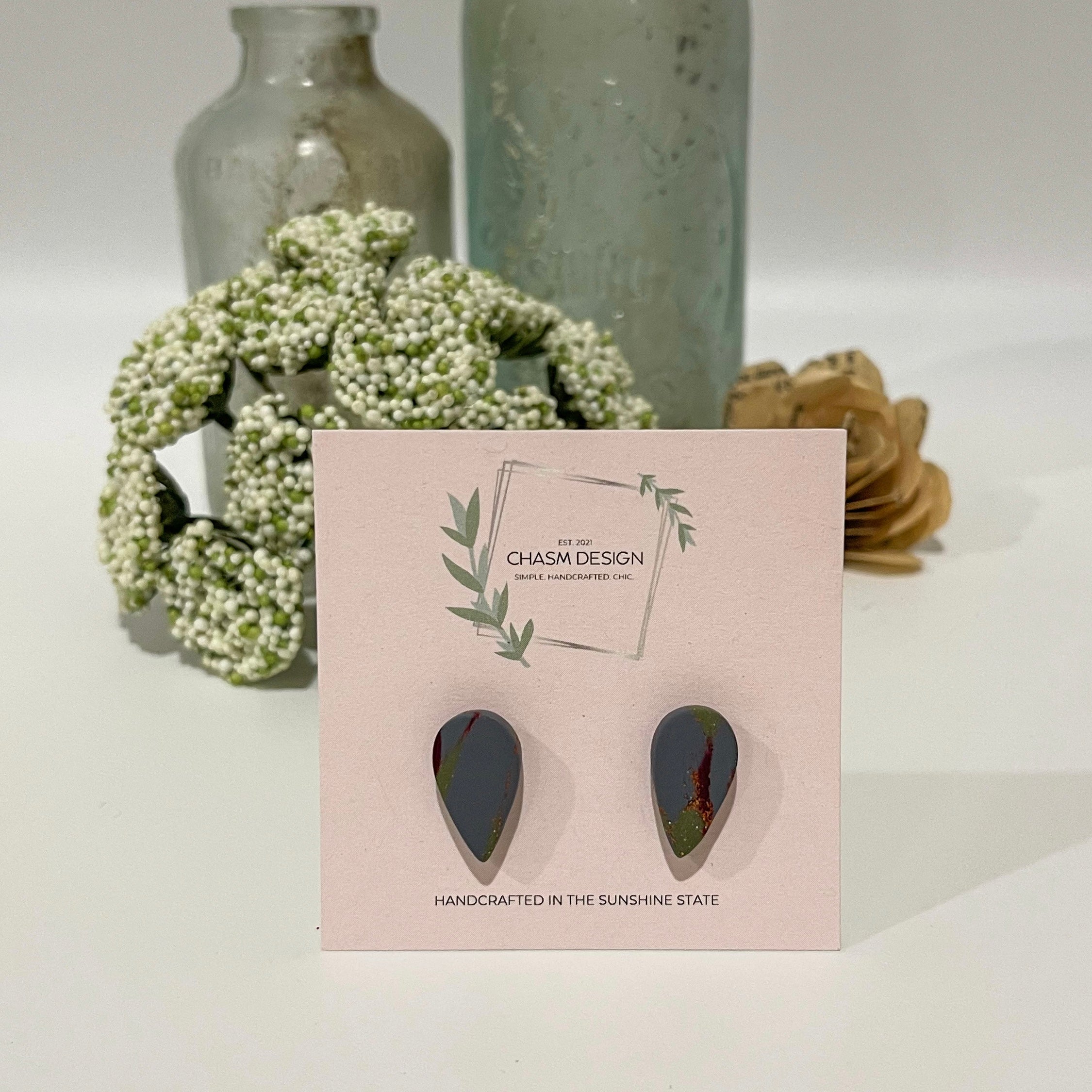 Tuscan Marble - Green Mini Inverted Teardrop Studs