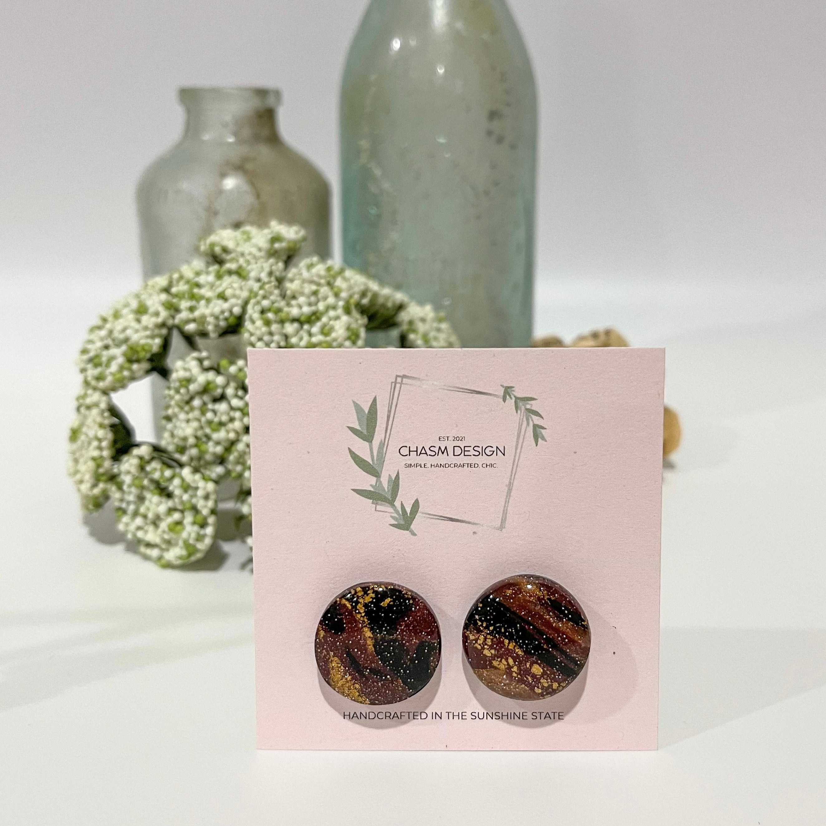 Burgundy and Gold Marble - Circle Studs