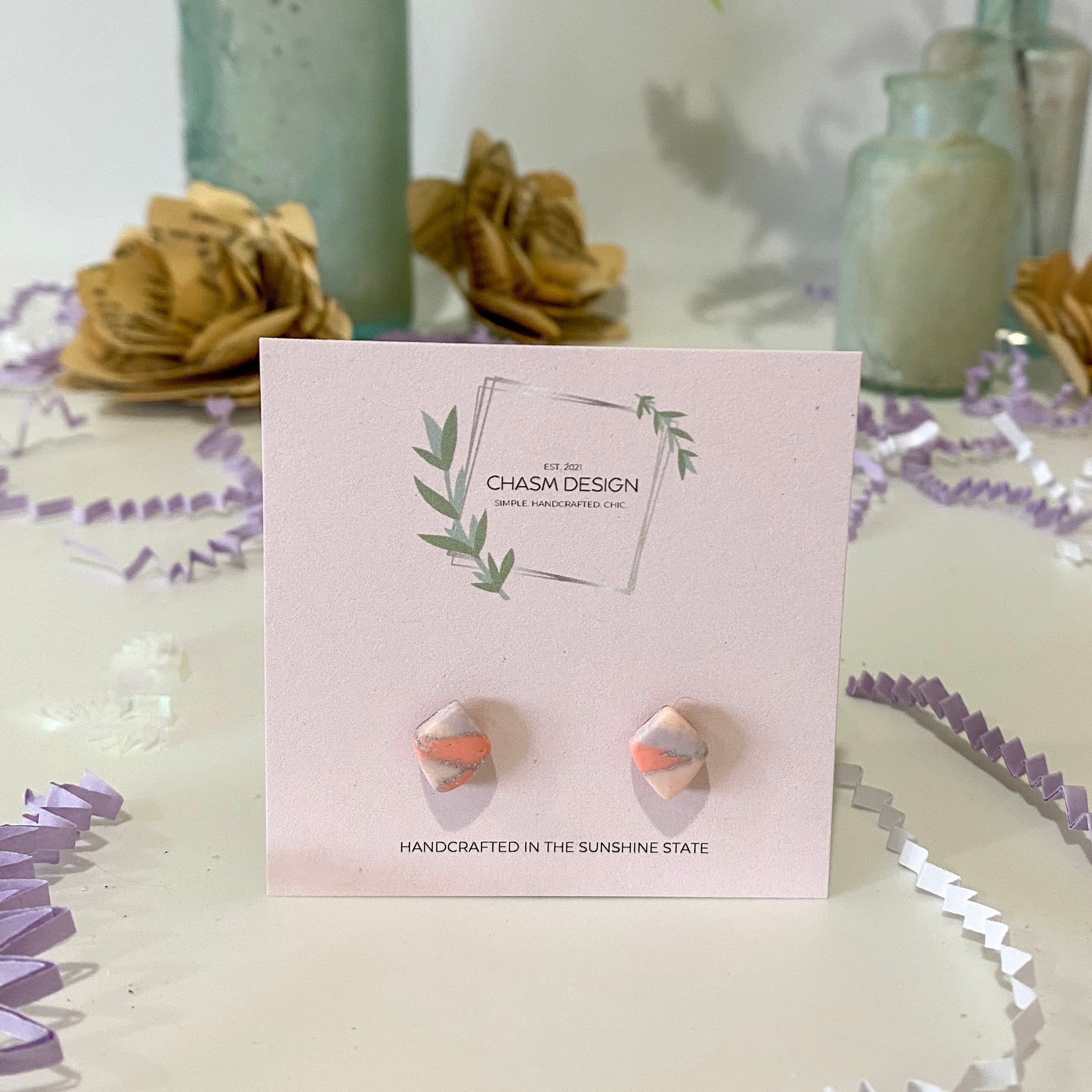 Pink and Purple Marble - Tiny Diamond Studs