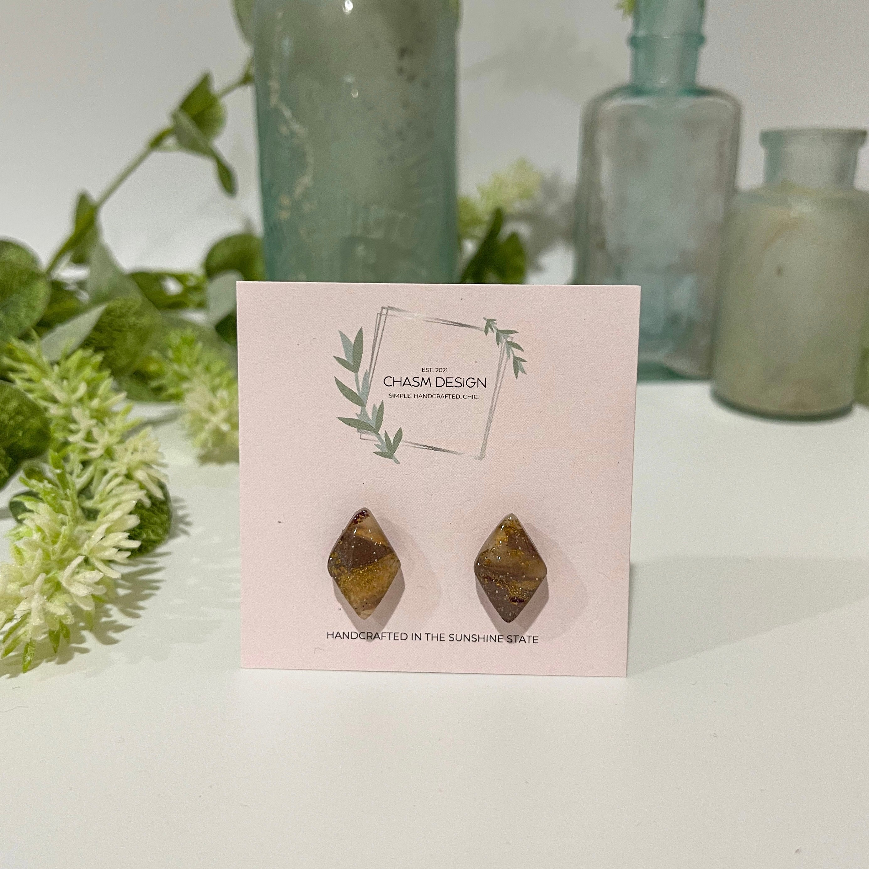 Plum and Brown Marble -  Mini Diamond Studs