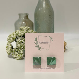 Green and Aqua Marble - Small Square Studs