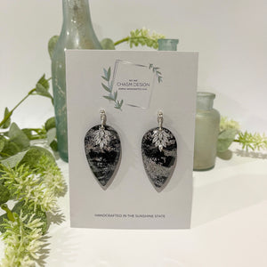 Sliver and Black Marble - Inverted Teardrop Dangles w/ Leaf Charm