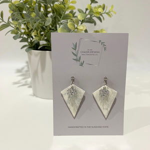 White and Silver Marble - Large Diamond Drops with Leaf Charm