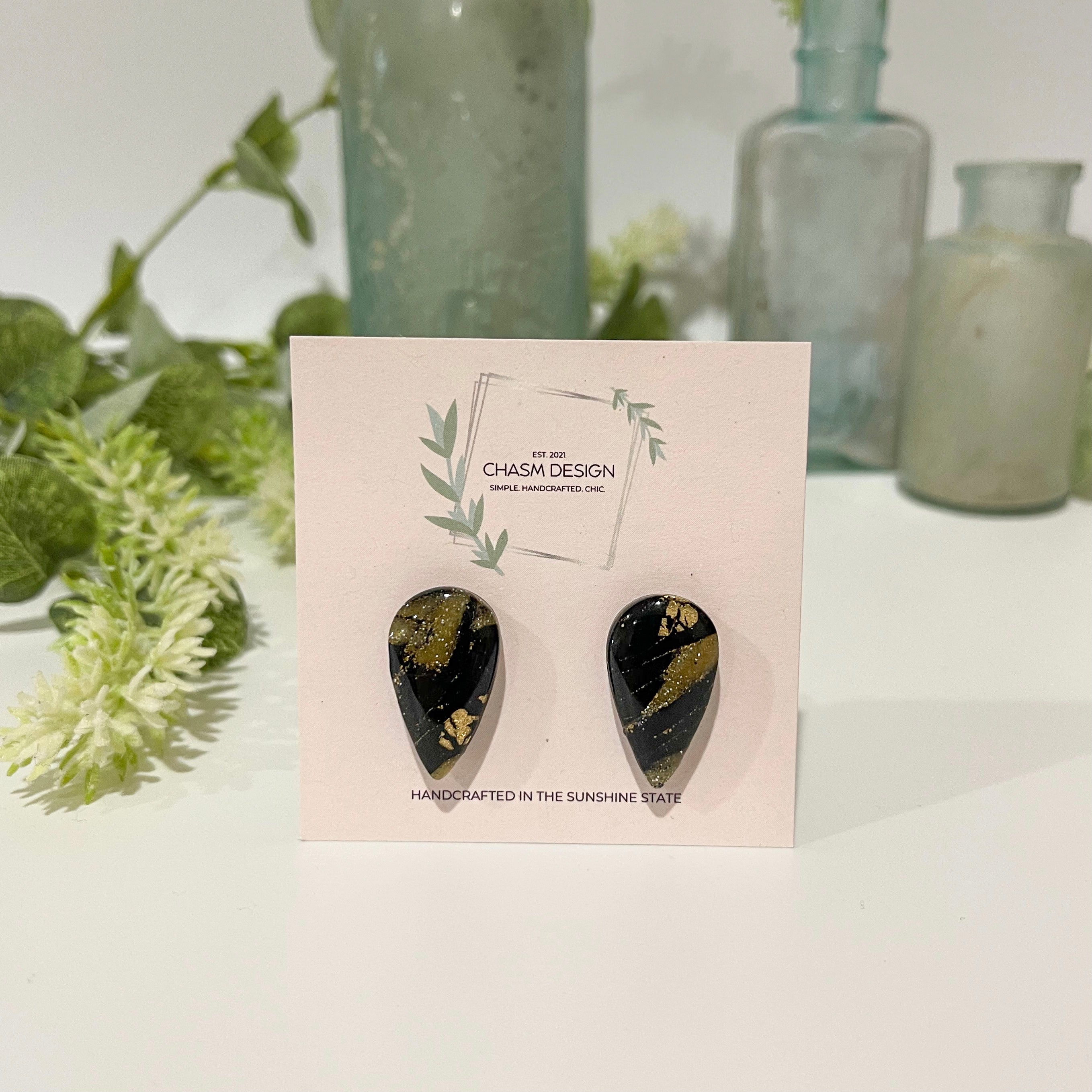 Gold and Black Marble - Inverted Teardrop Studs