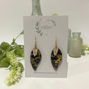 Gold and Black Marble - Abstract Dangle with Leaf Charm