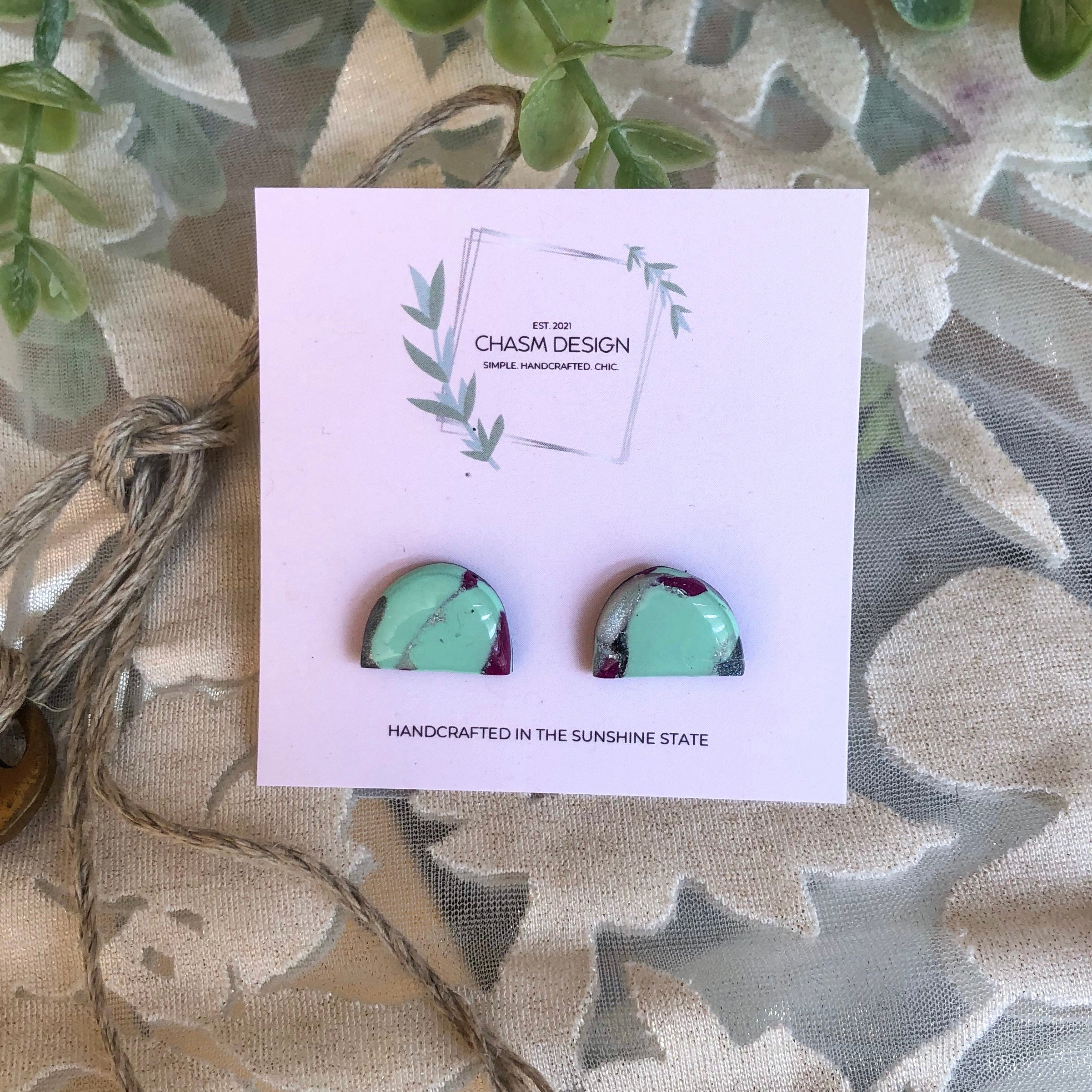 Mint Green and Fuchsia Marble Studs