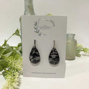 Sliver and Black Marble - Teardrop Dangles w/ Bar Stud Charm