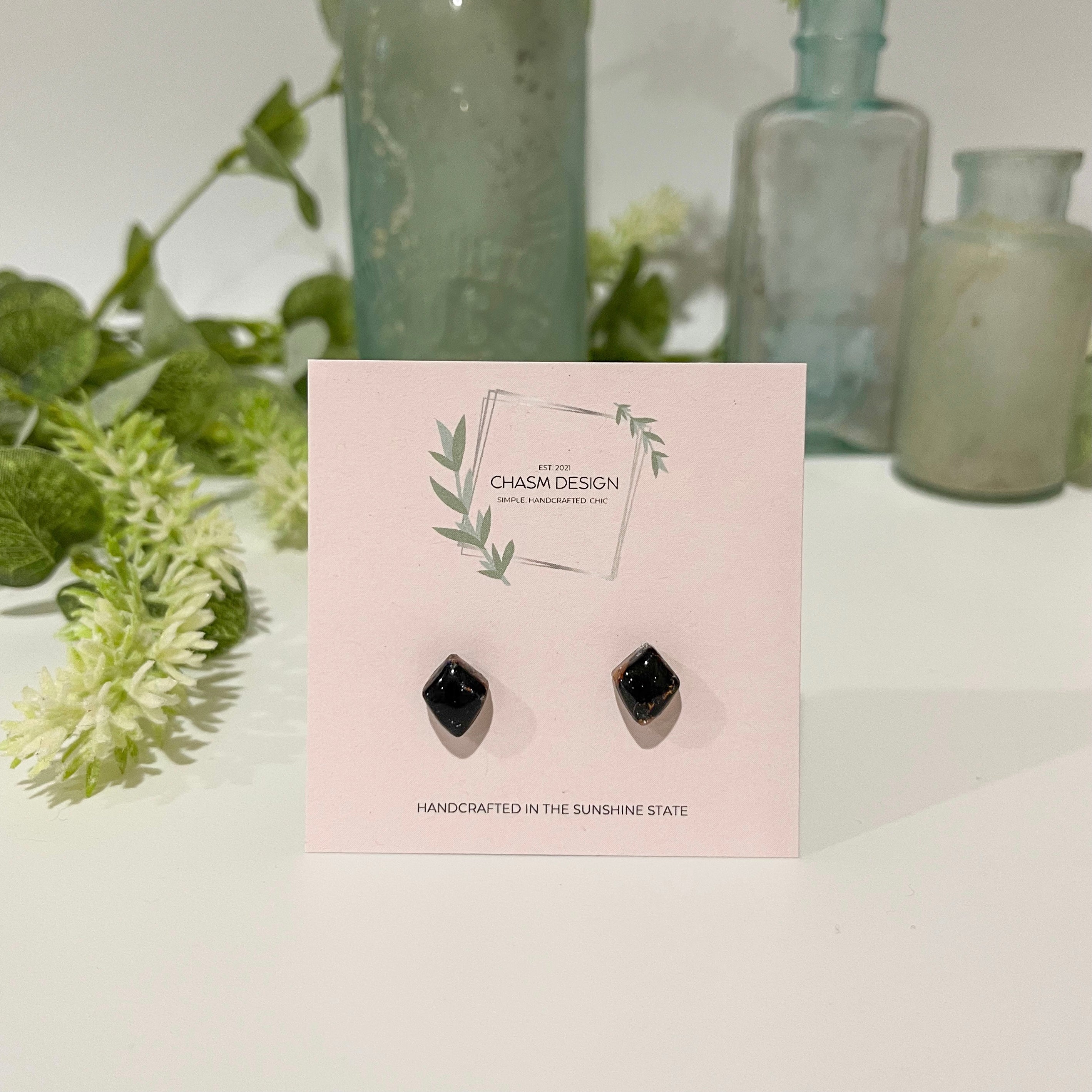 Rose Gold and Black Marble - Tiny Diamond Studs