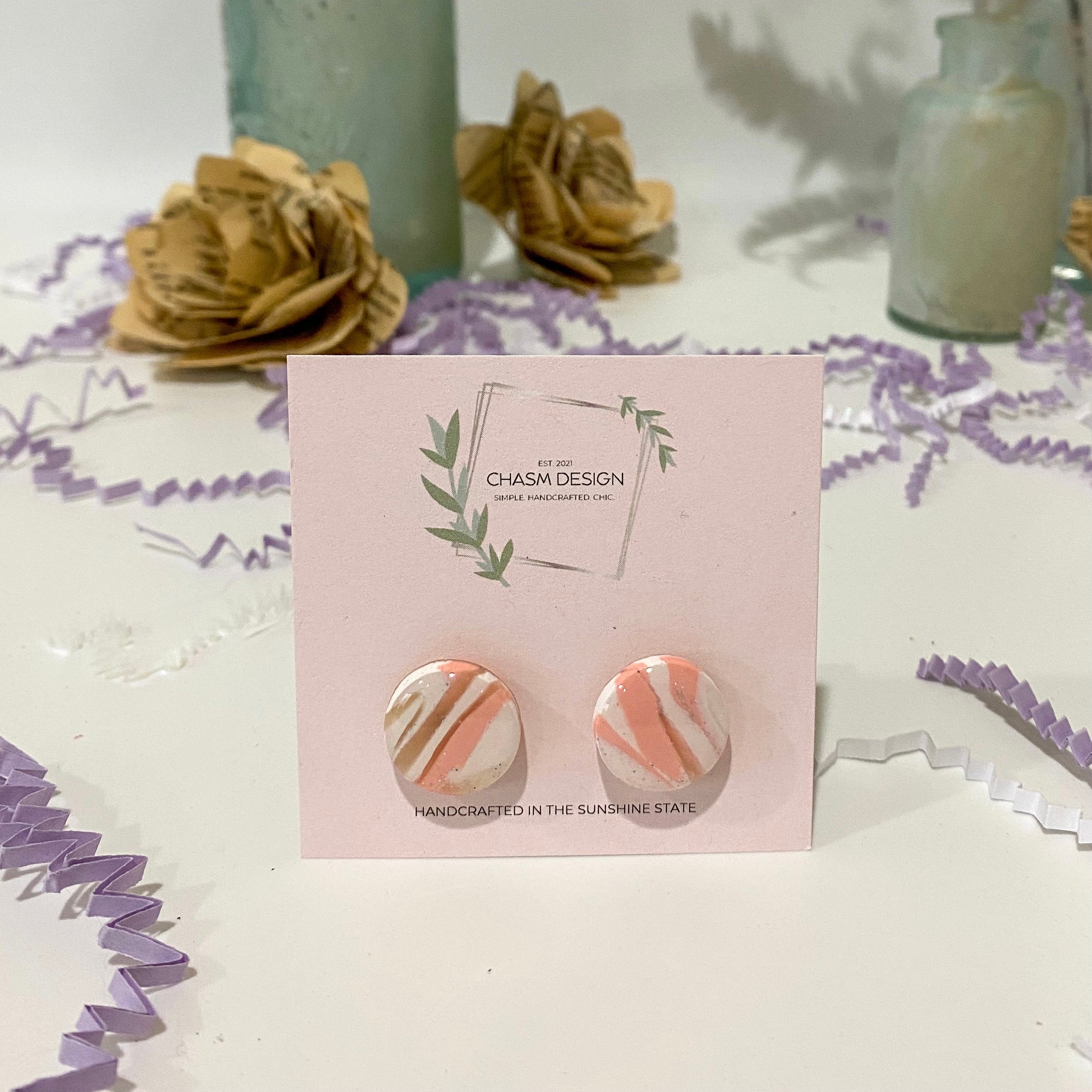 Pink and White Marble - Medium Circle Studs