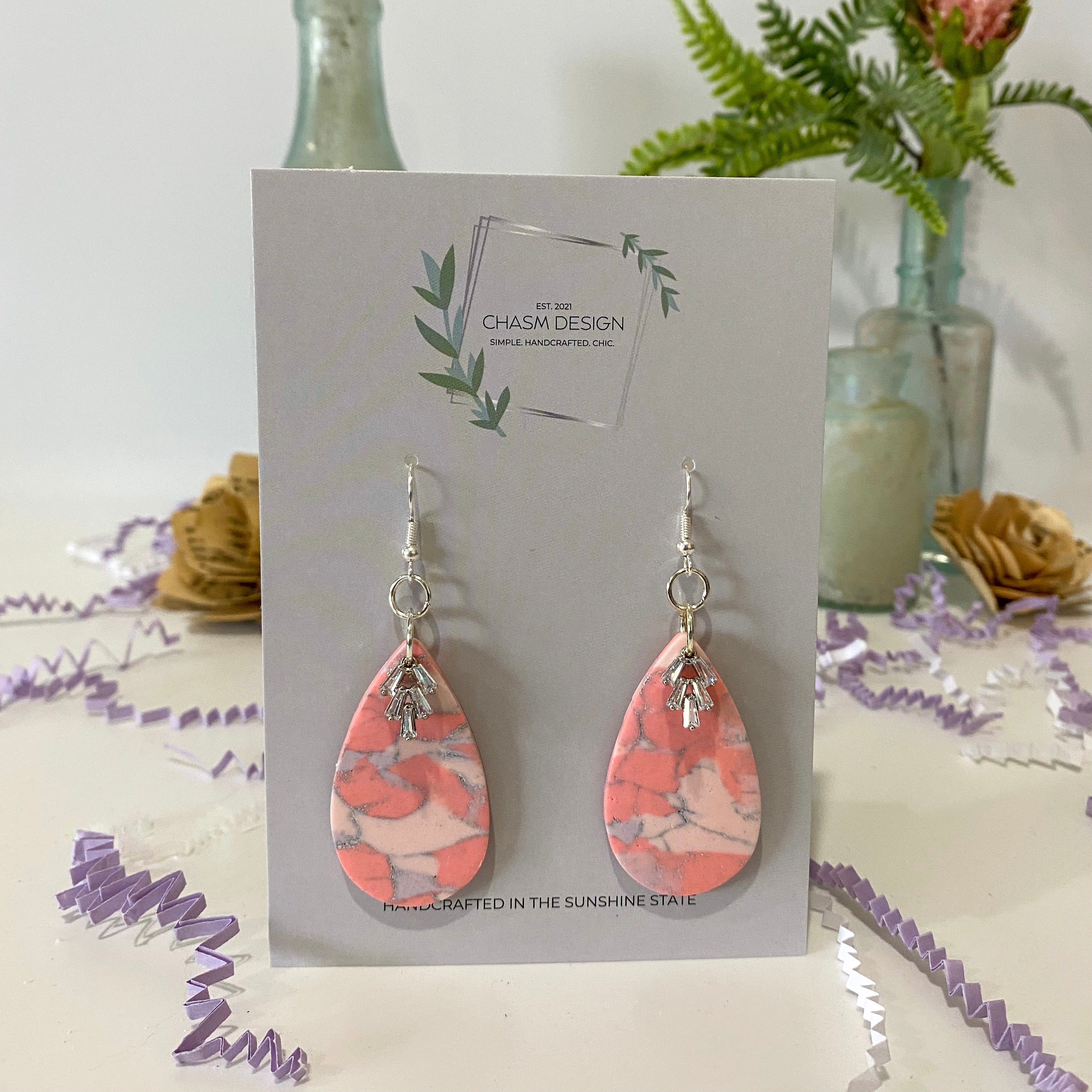 Pink and Purple Marble - Large Teardrop Dangles with Charm