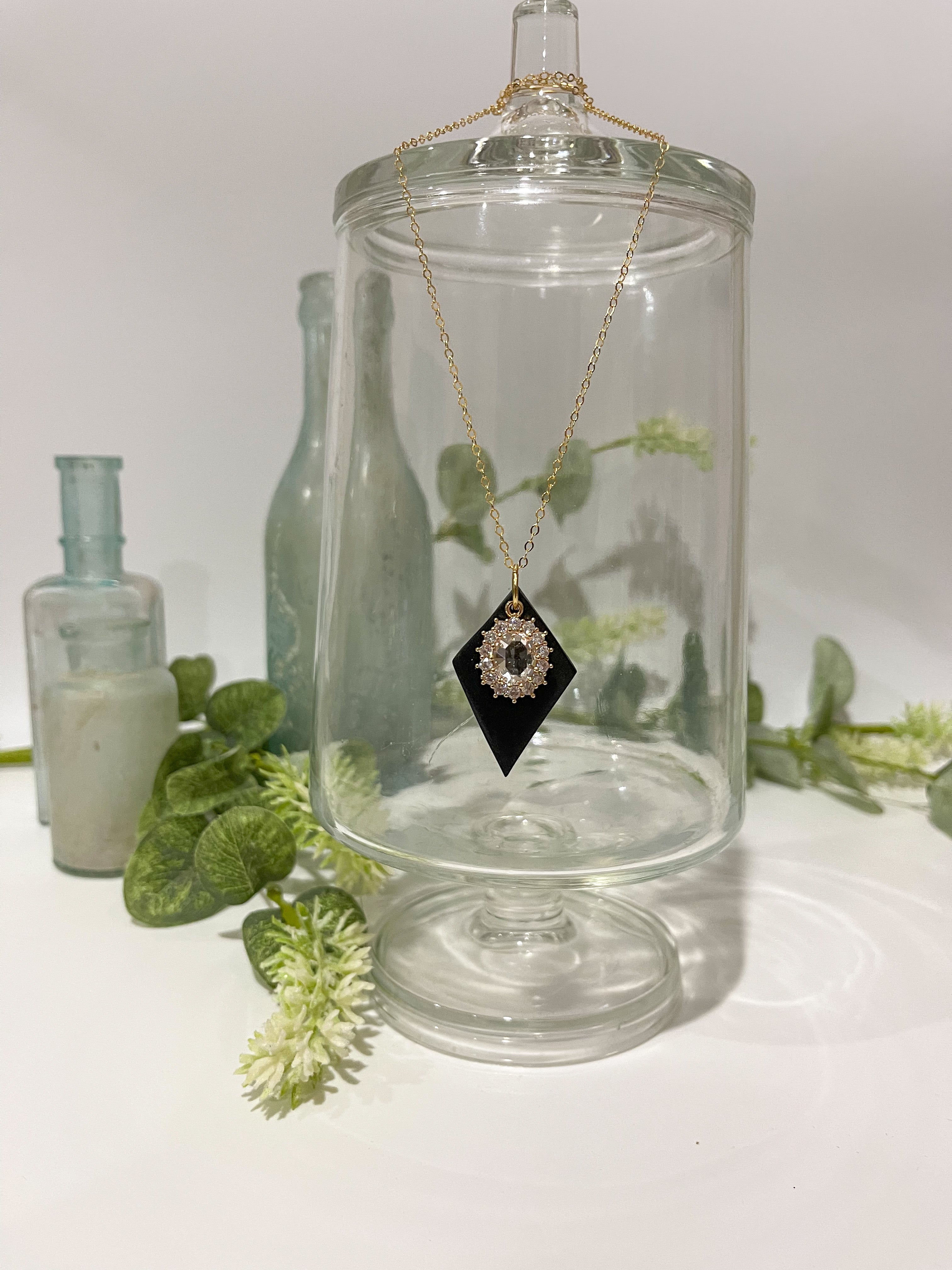 Matte Black Diamond Necklace with Halo Charm