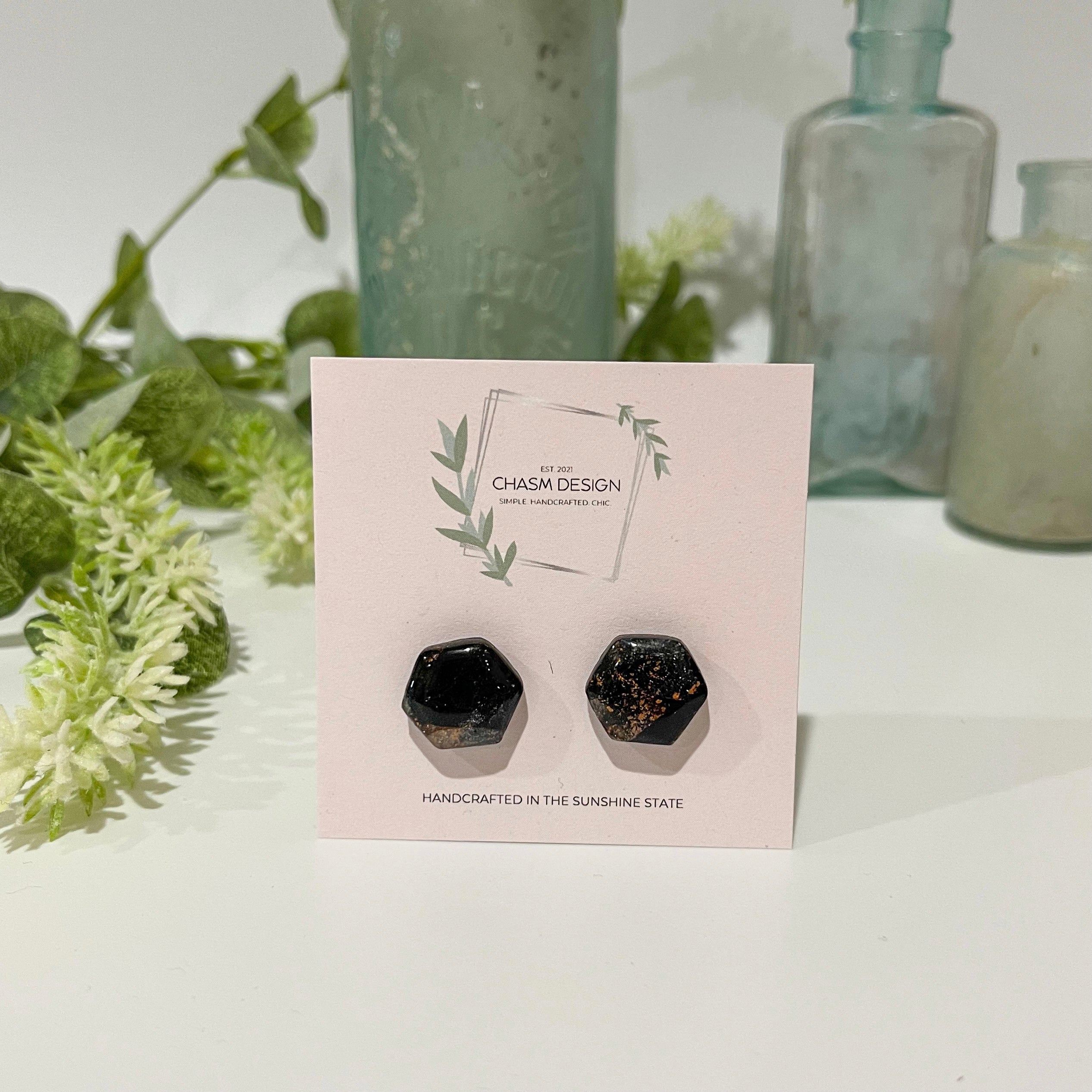 Rose Gold and Black Marble - Mini Hexagon Studs