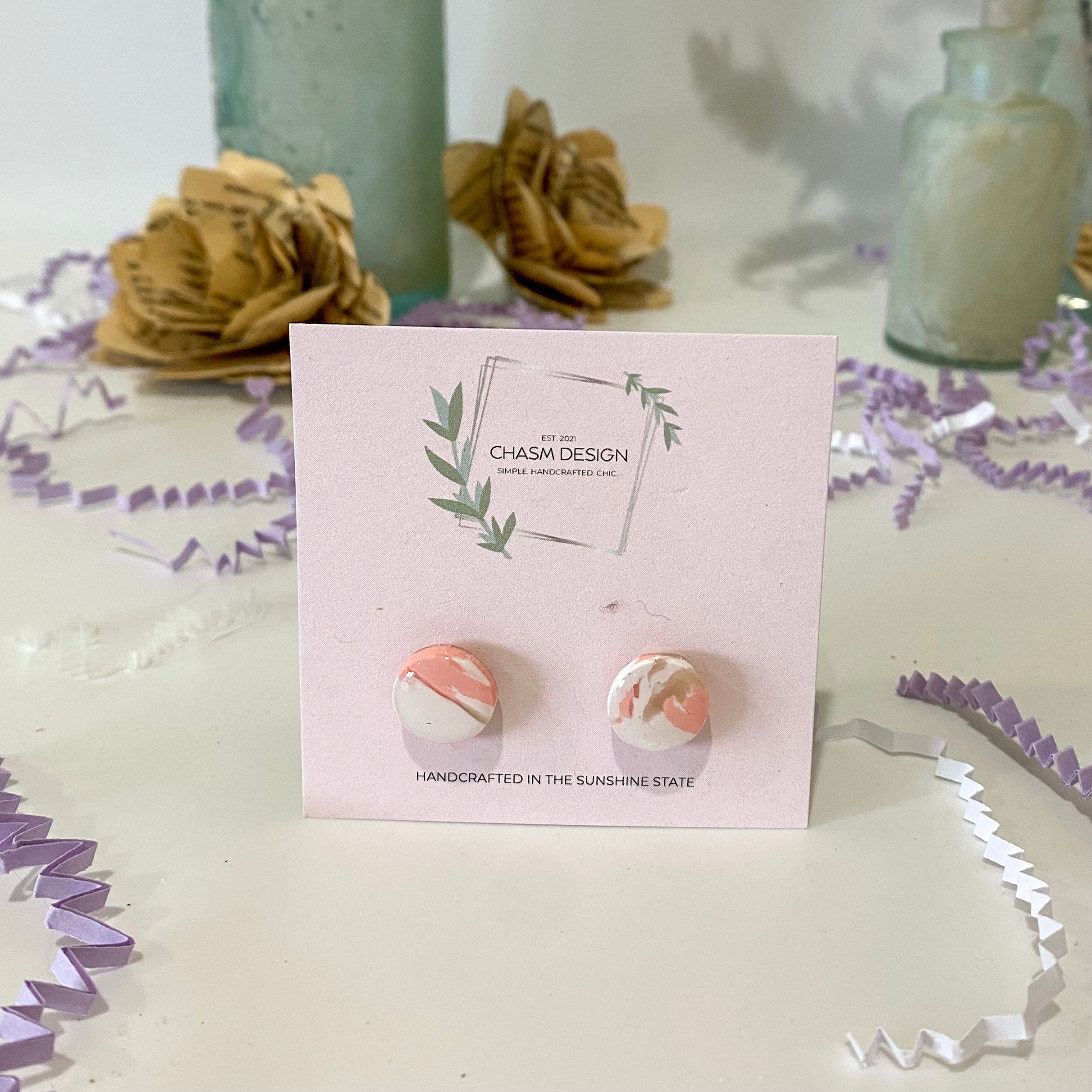 Pink and White Marble - Mini Circle Studs