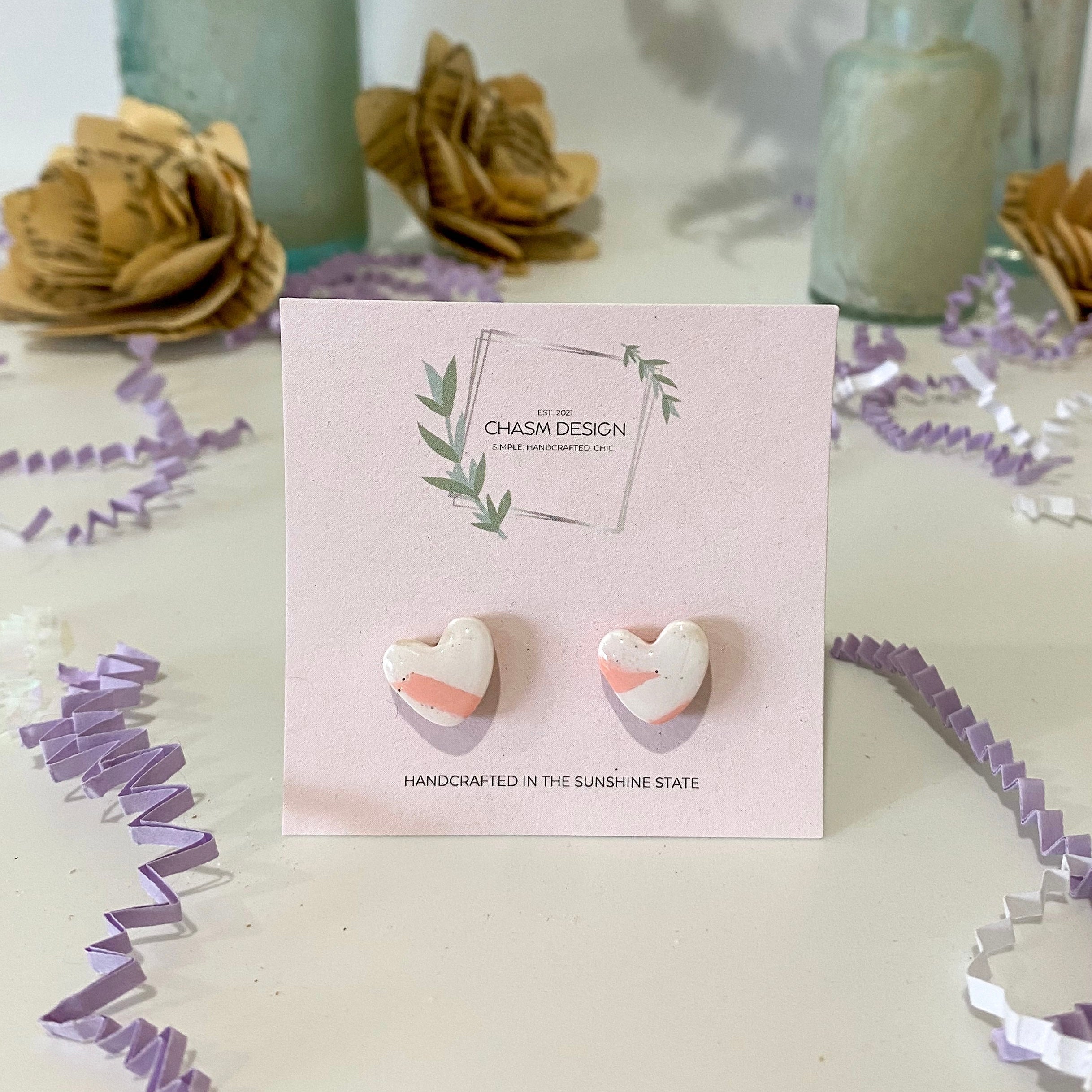 Pink and White Marble - Mini Heart Studs