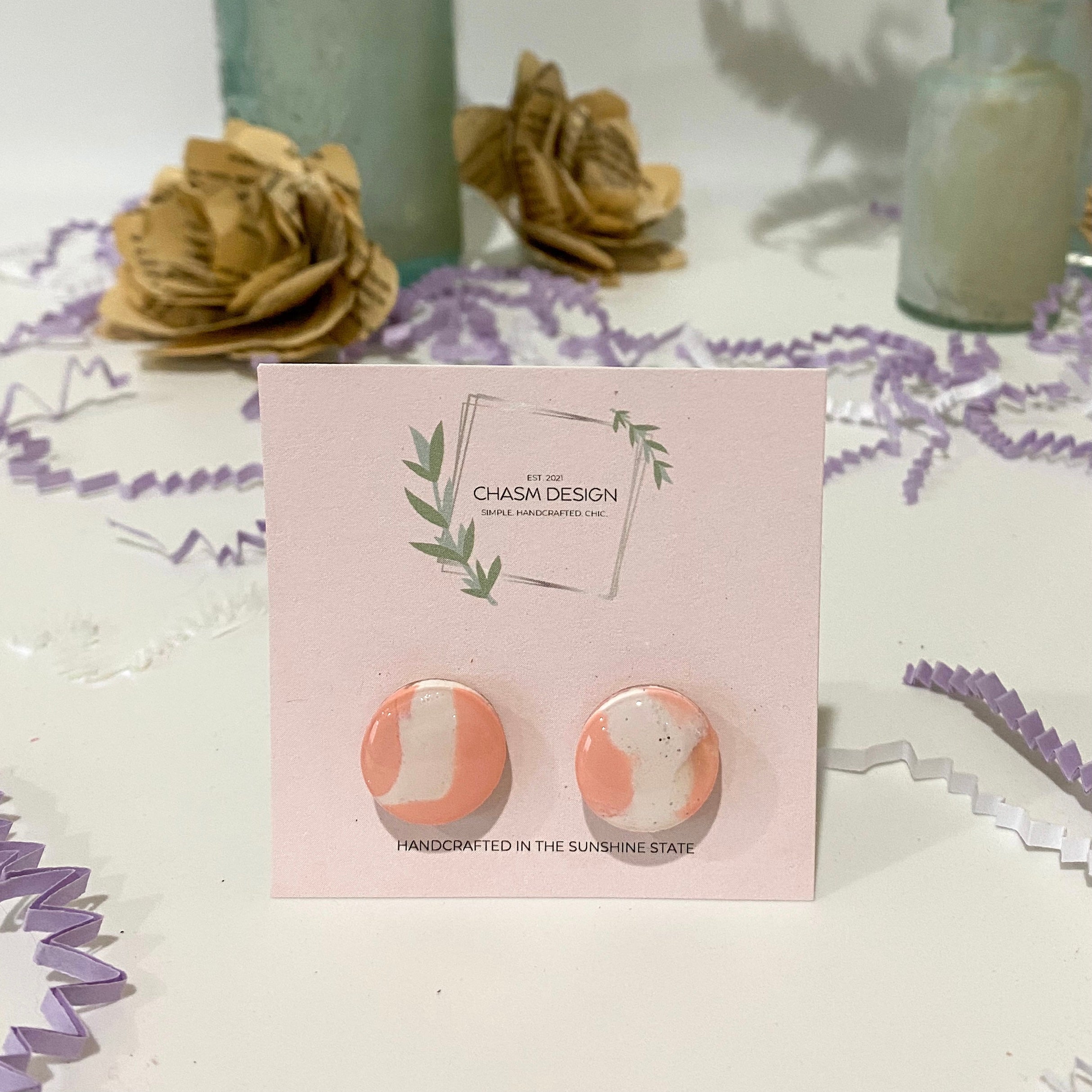 Pink and White Marble - Medium Circle Studs