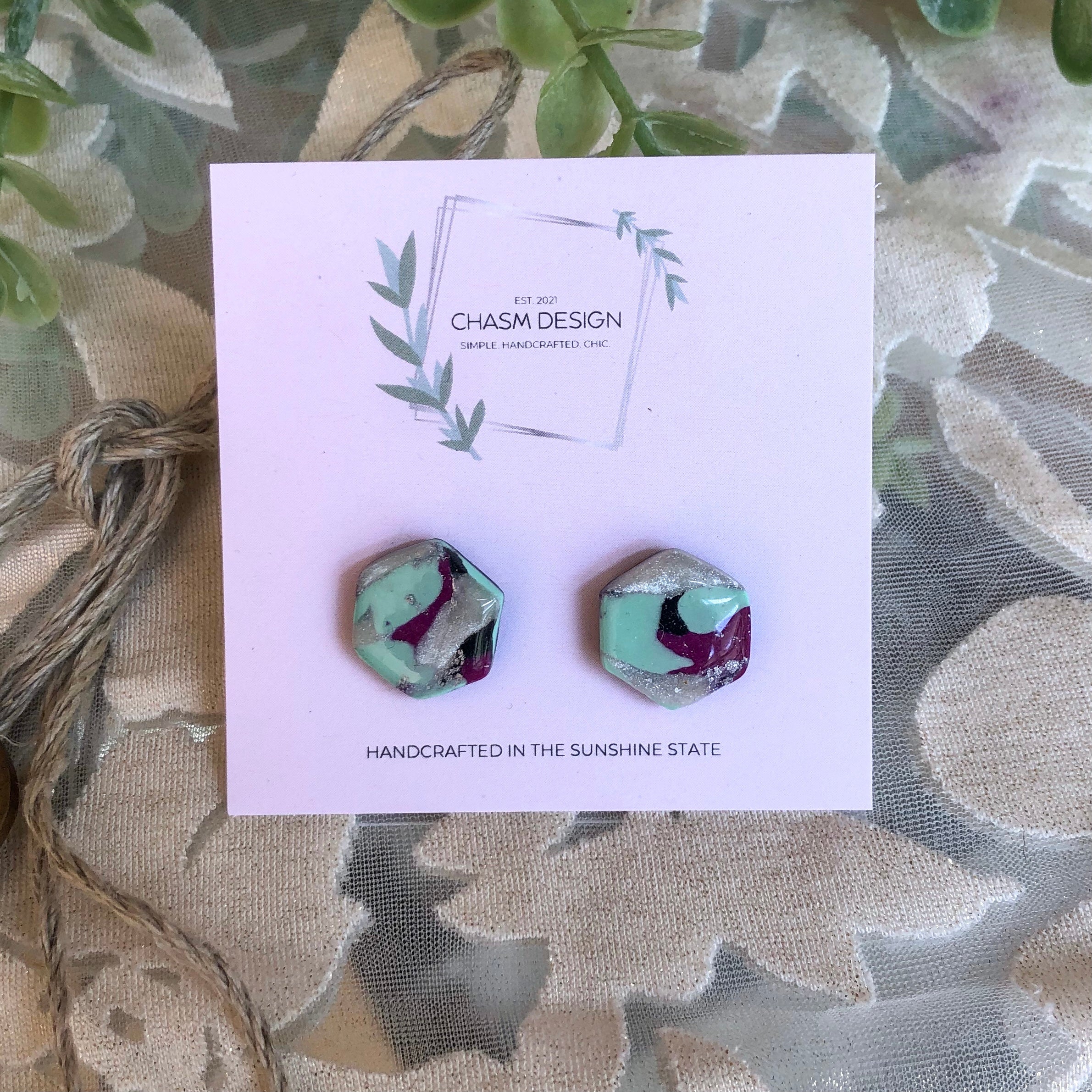 Mint Green and Fuchsia Marble Studs