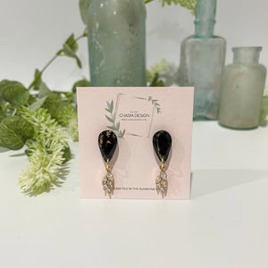 Gold and Black Marble - Dainty Inverted Teardrop Dangle with Leaf Charm