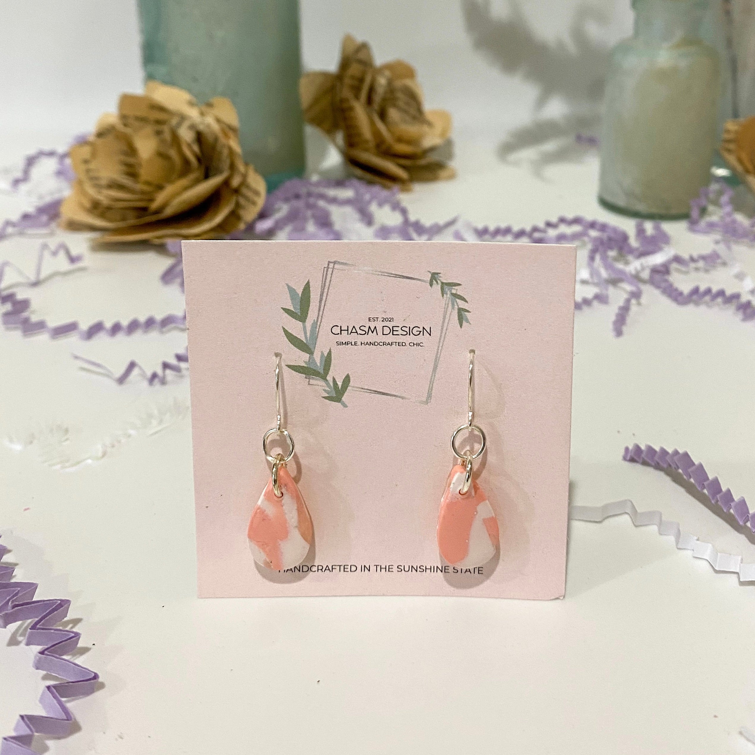 Pink and White Marble - Dainty Teardrop Dangles