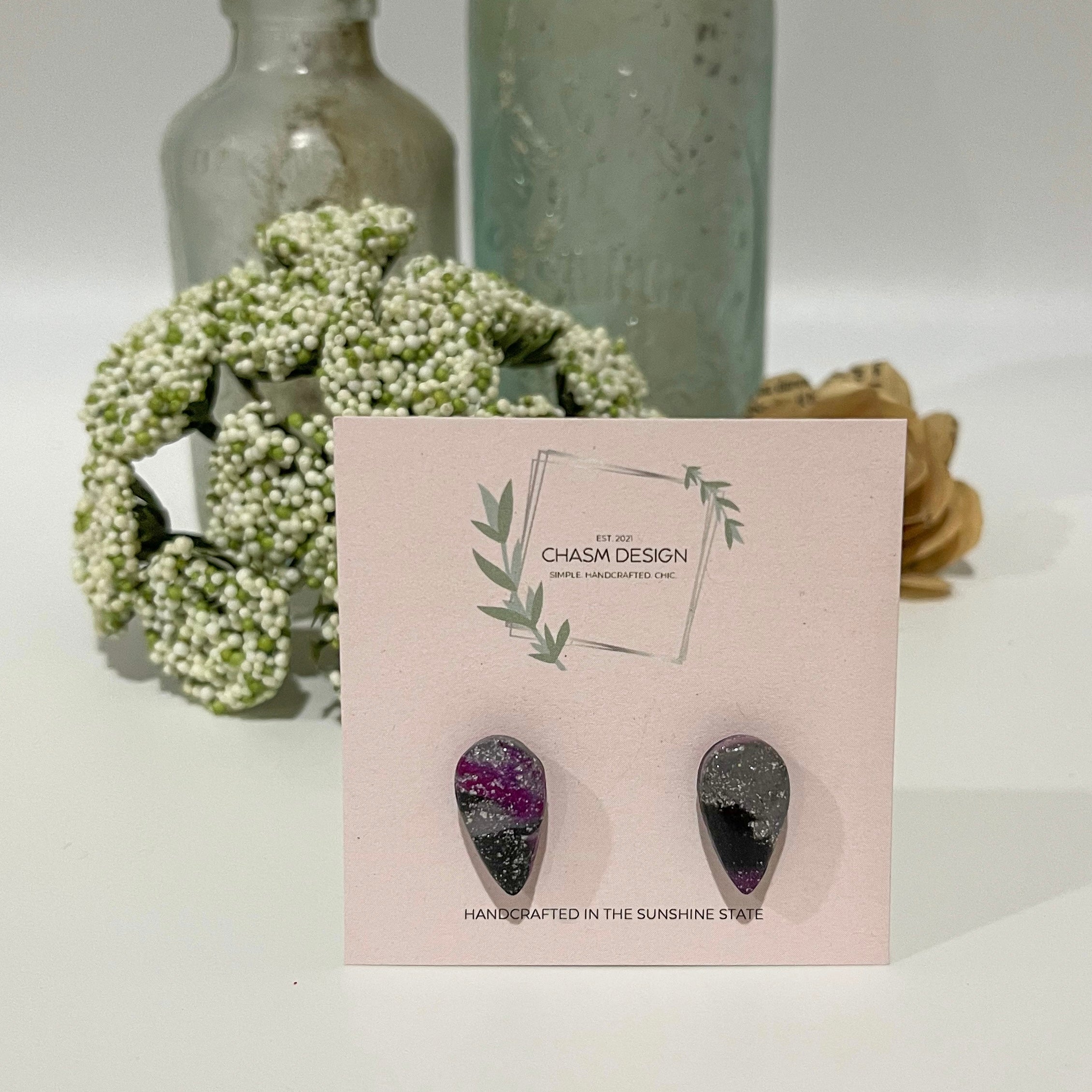 Purple, Gray, and Black Marble - Mini Inverted Teardrop Studs