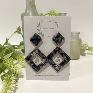 Sliver and Black Marble - Square Cutout Dangles with Music Note Charm