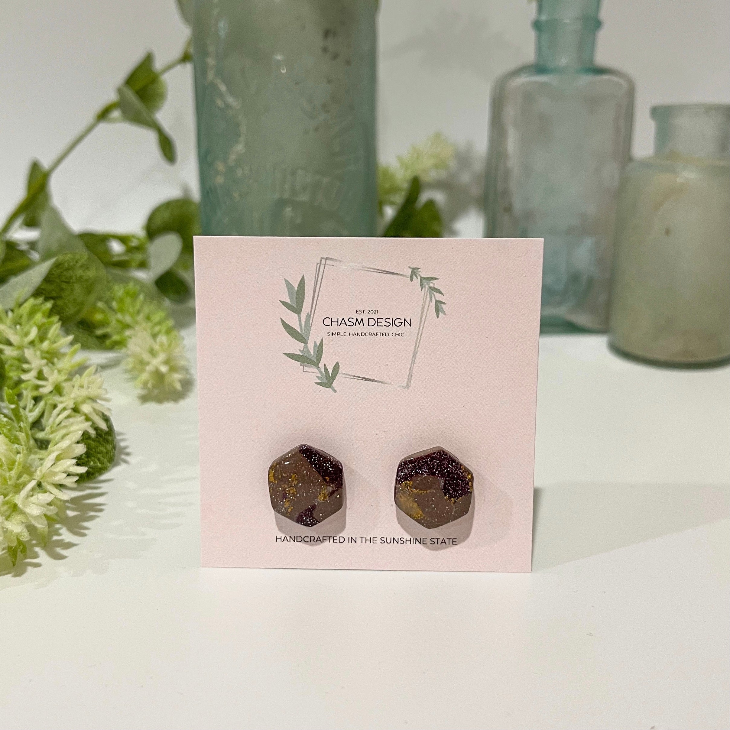 Plum and Brown Marble -  Mini Hexagon Stud