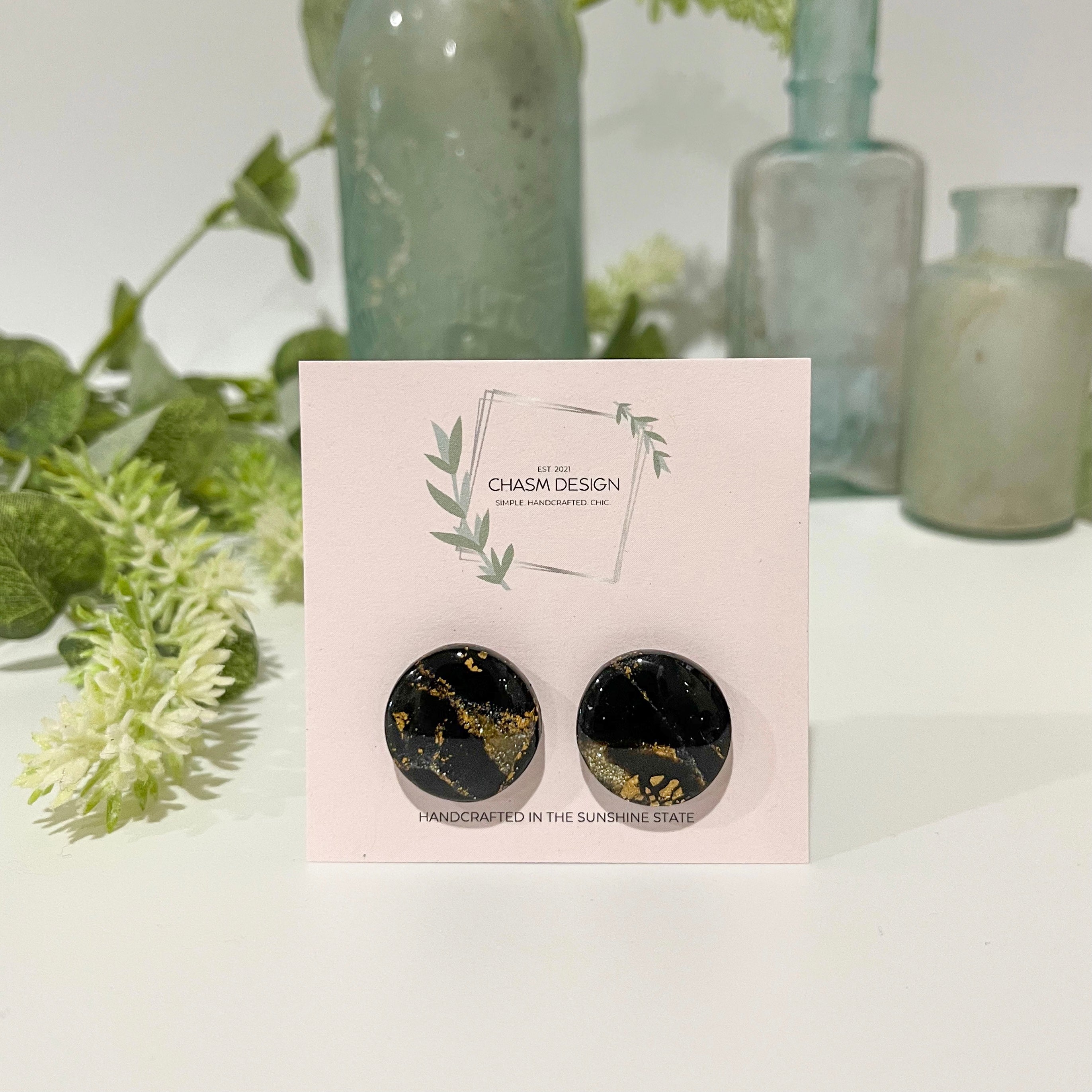 Gold and Black Marble - Circle Studs