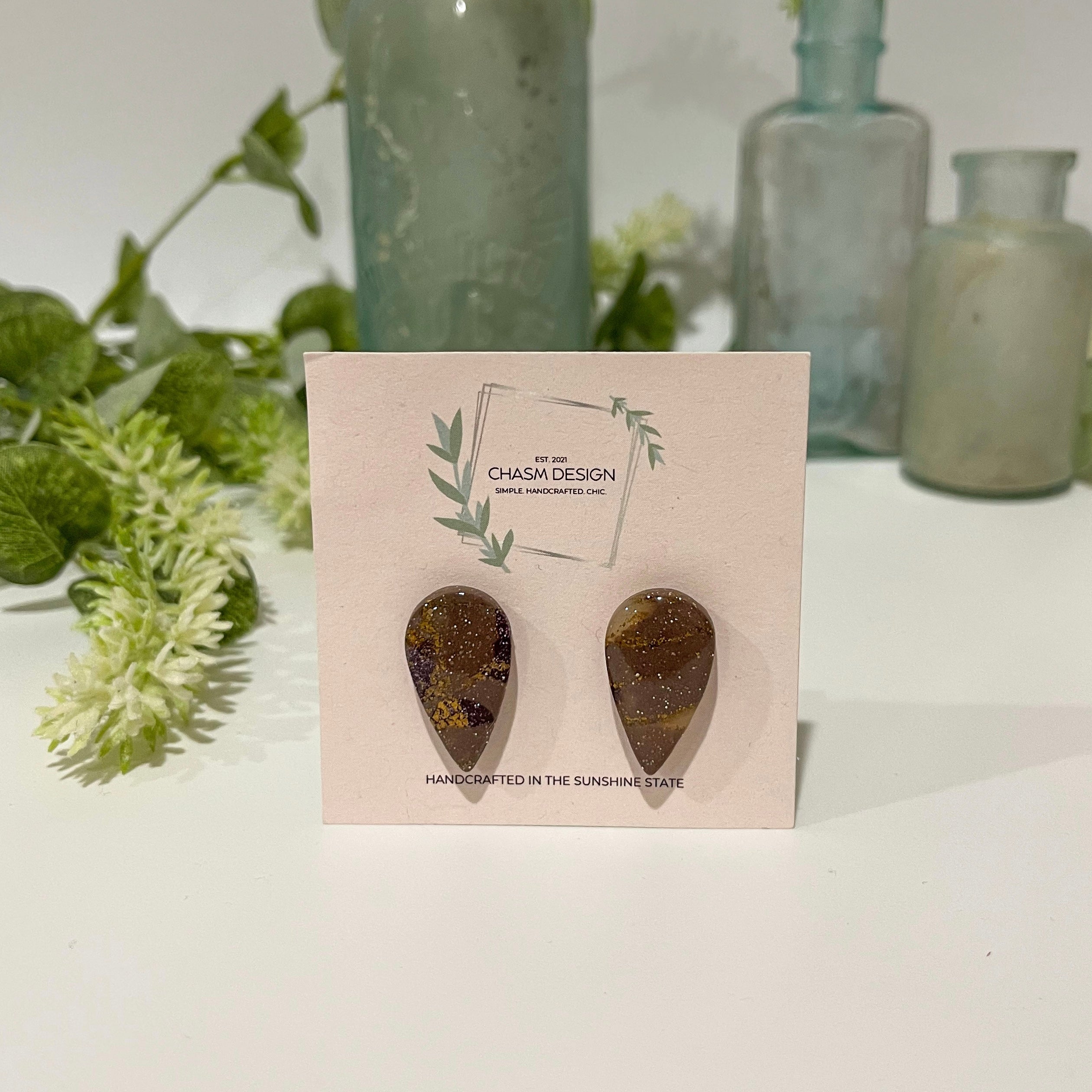 Plum and Brown Marble - Inverted Teardrop Studs