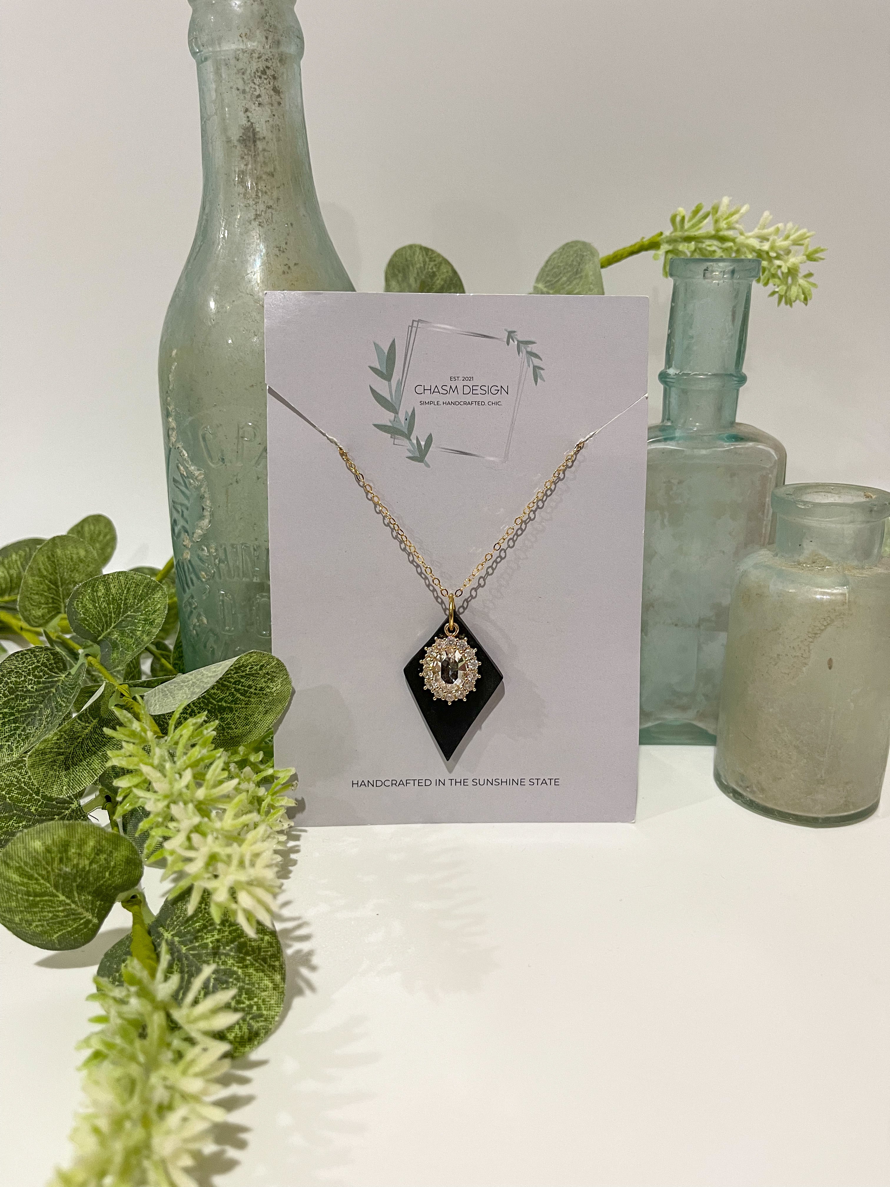 Matte Black Diamond Necklace with Halo Charm