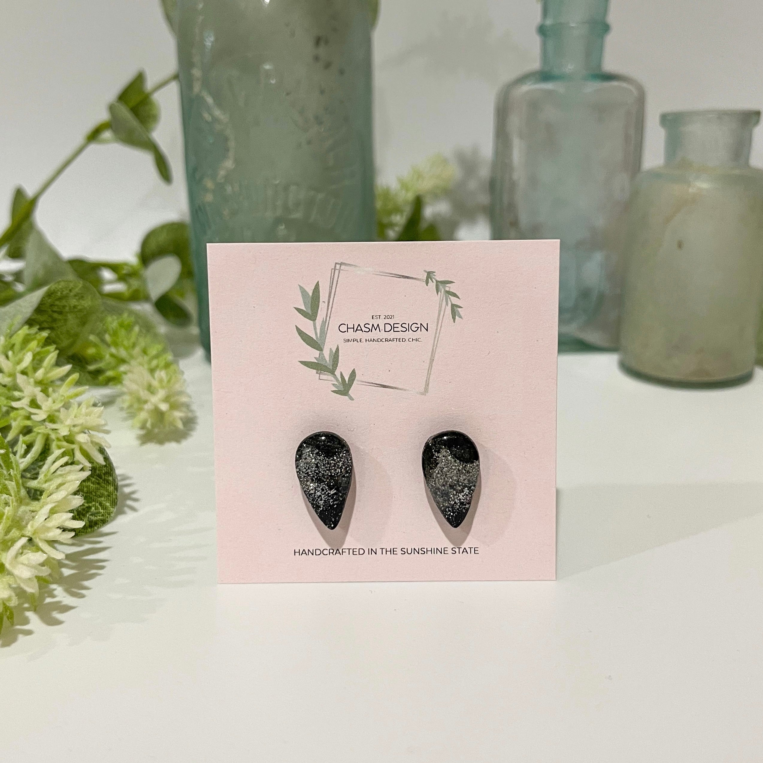 Silver and Black Marble - Mini Inverted Teardrop Studs