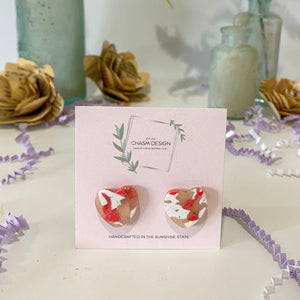 Hot Pink and White Marble - Heart Studs