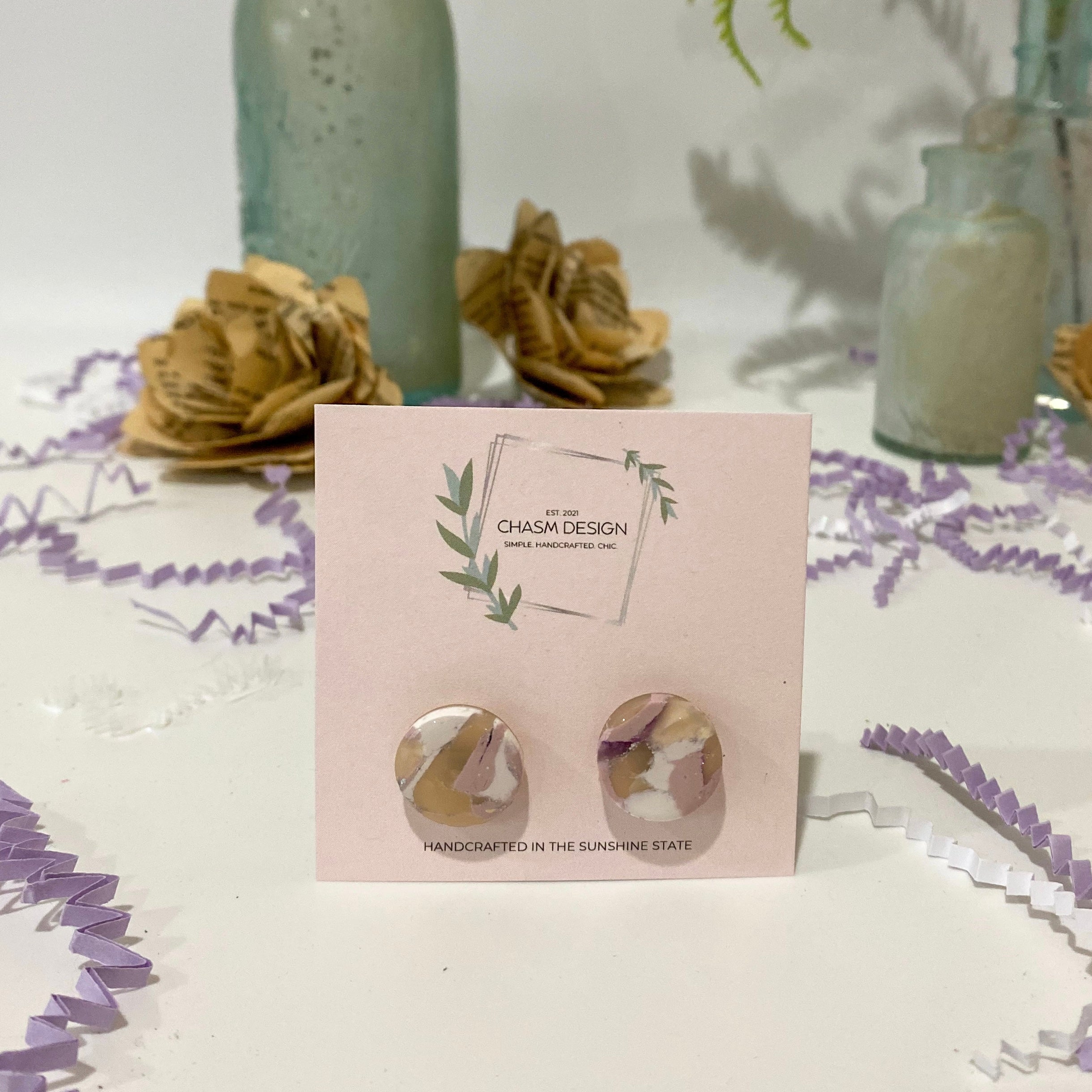 Purple and White Marble - Mini Circle Studs