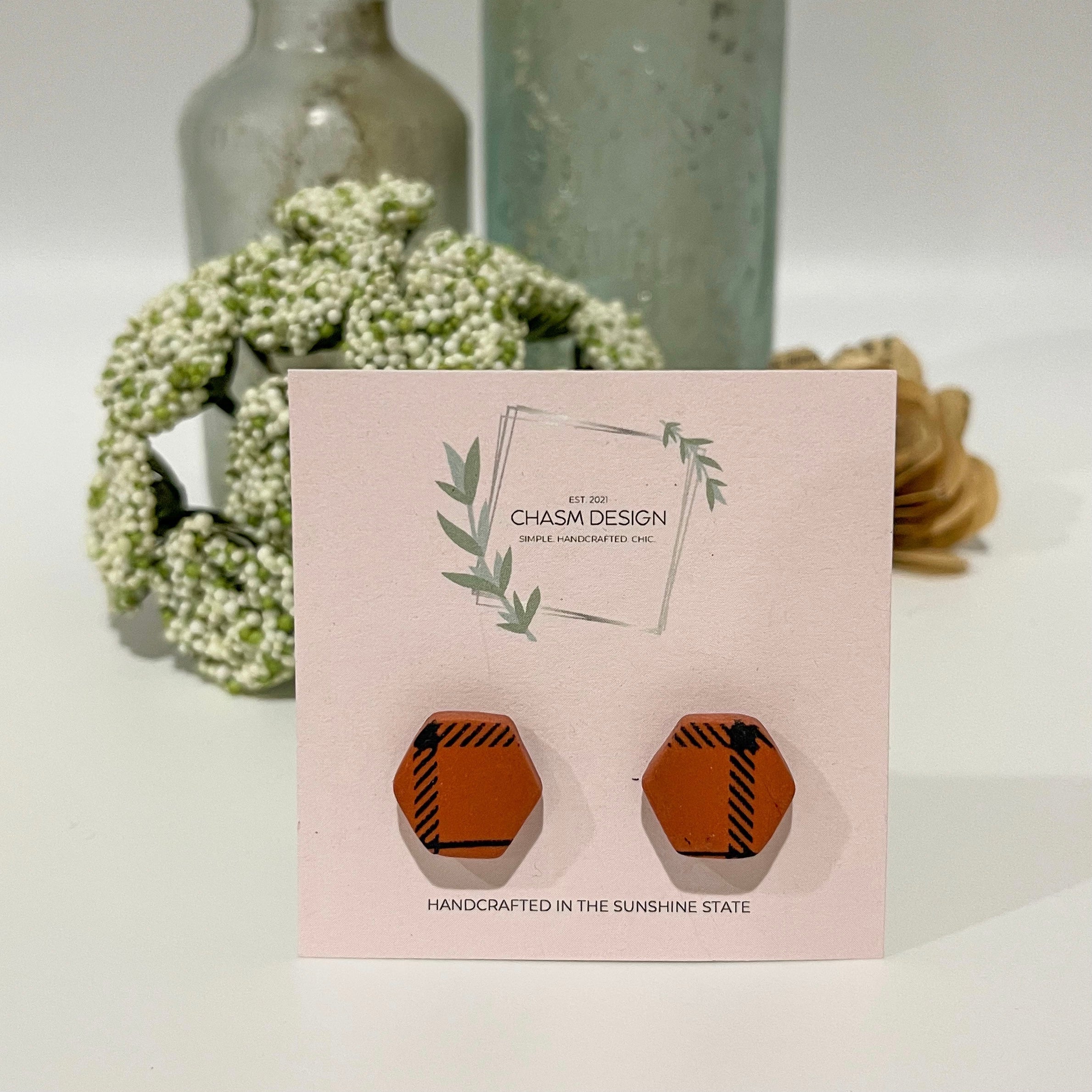 Burnt Orange Buffalo Plaid - Mini Hexagon Studs