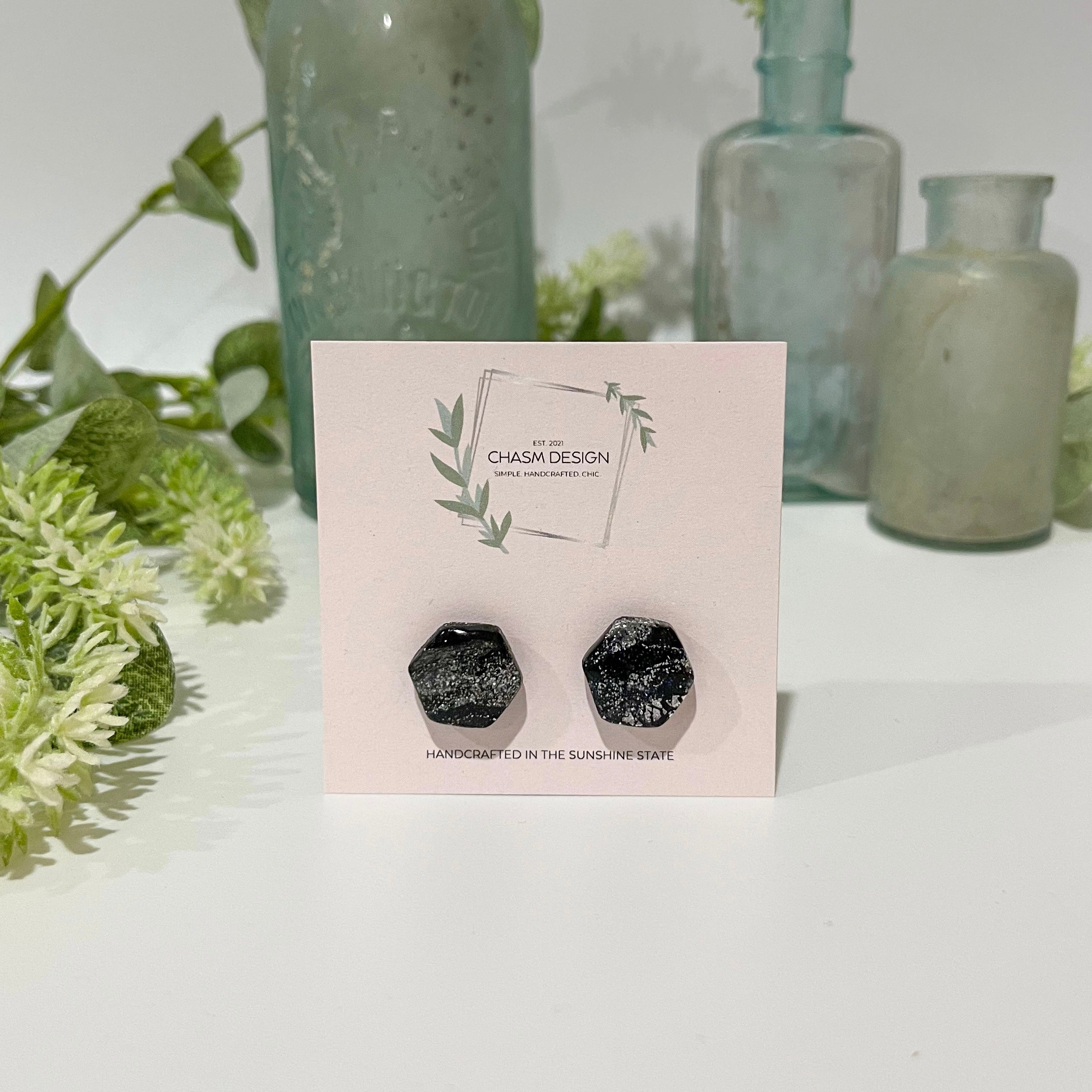 Silver and Black Marble - Mini Hexagon Studs