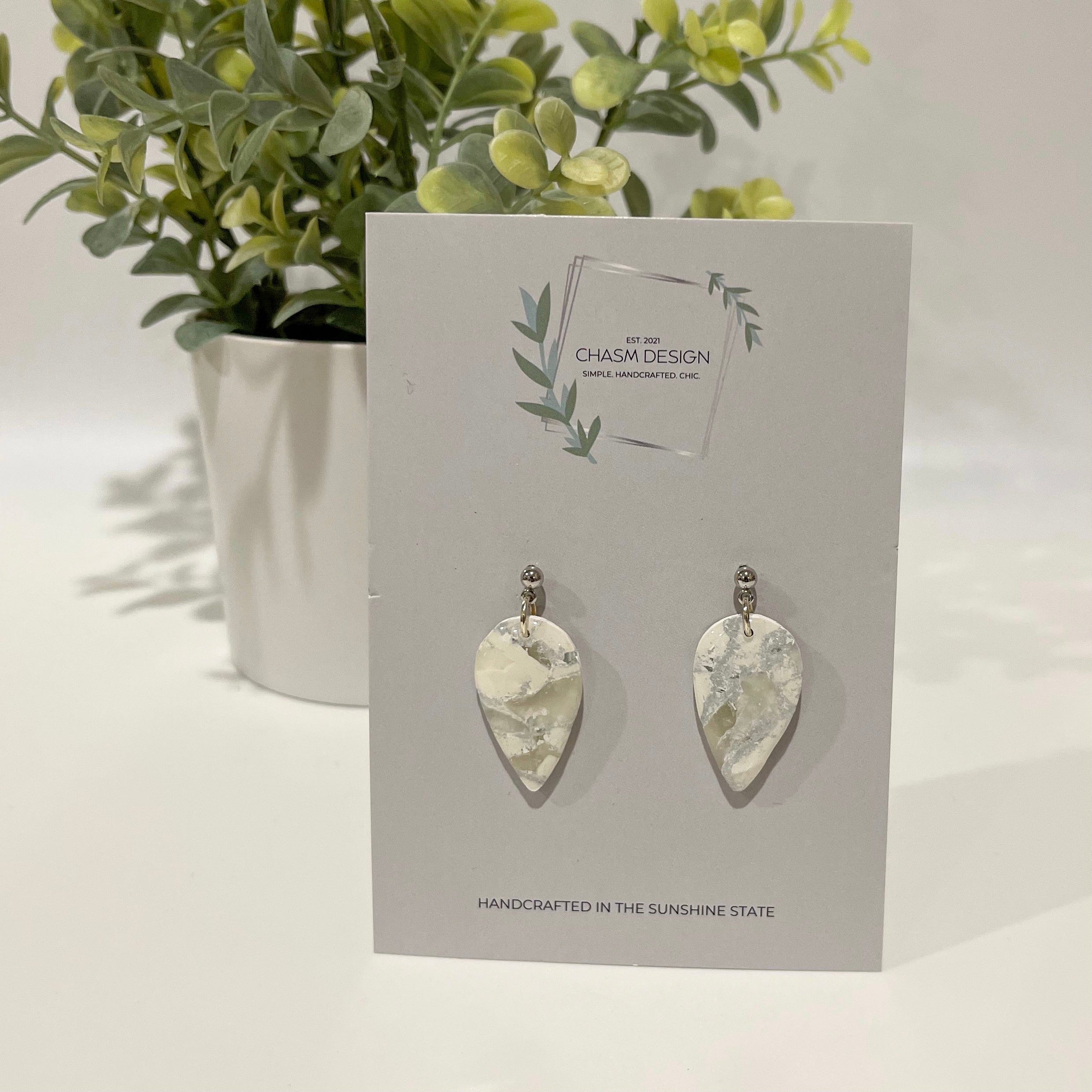 White and Silver Marble - Inverted Teardrop Dangles