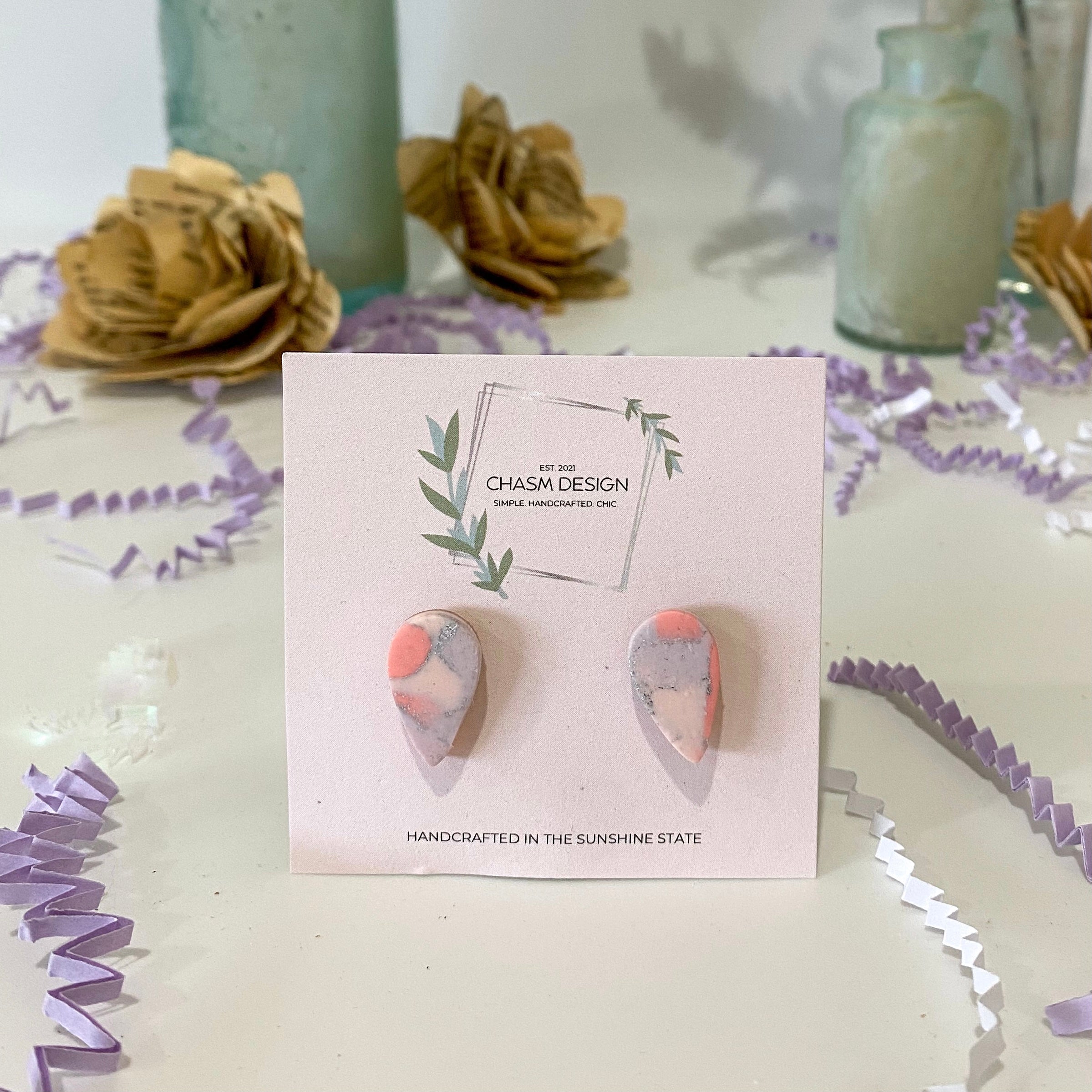 Pink and Purple Marble - Mini Inverted Teardrop Studs