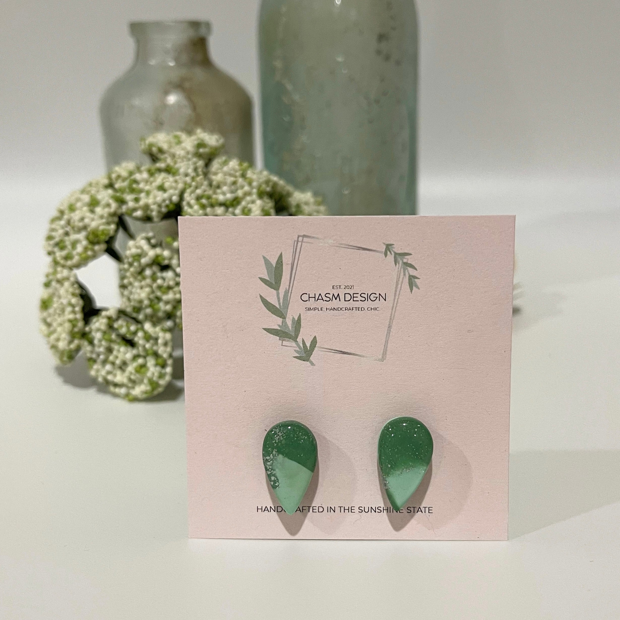 Green and Aqua Marble - Mini Inverted Teardrop Studs