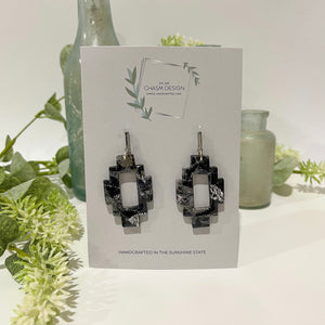 Sliver and Black Marble - Aztec Cutout Dangles w/ Bar Stud Charm