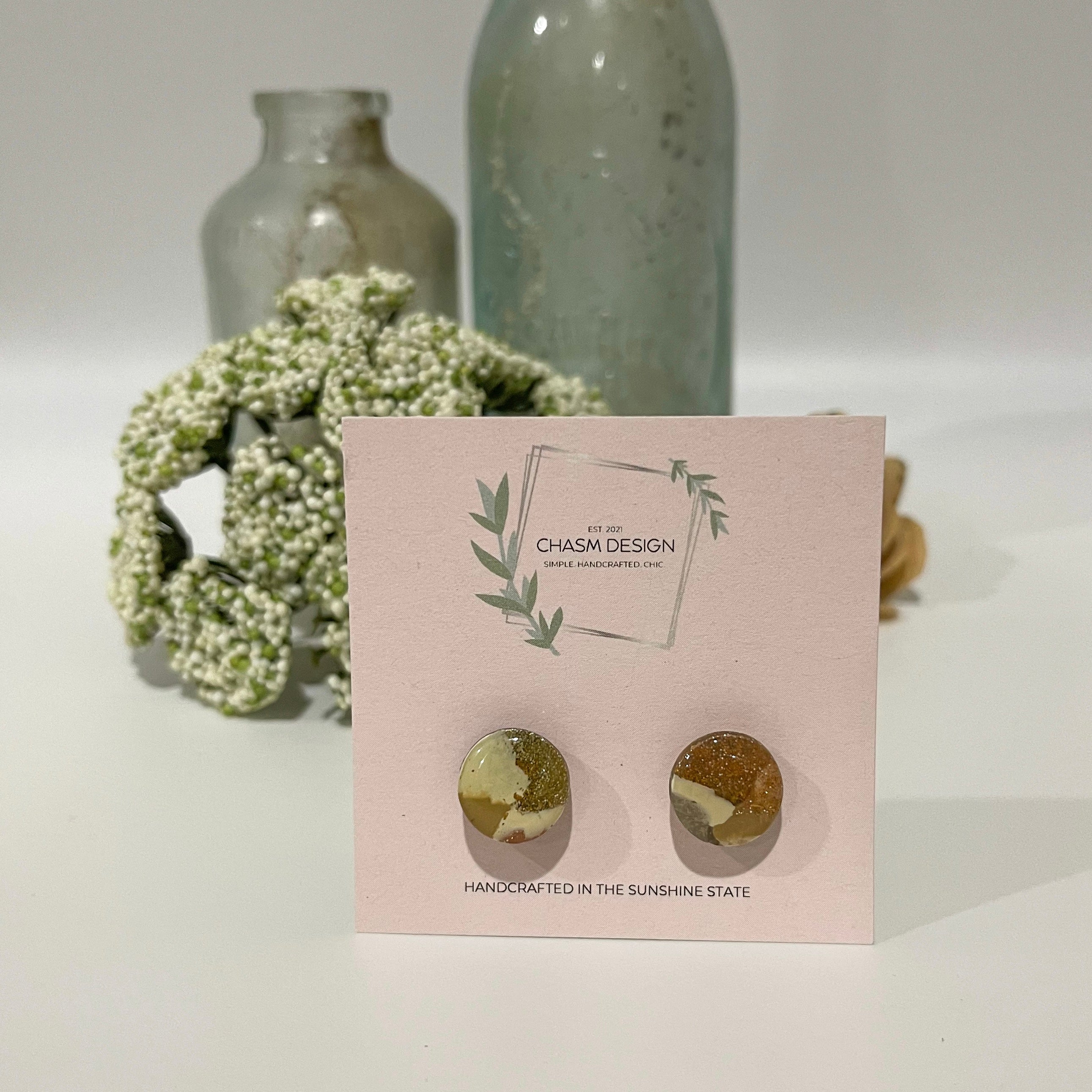 Neutral Brown Marble - Mini Circle Studs