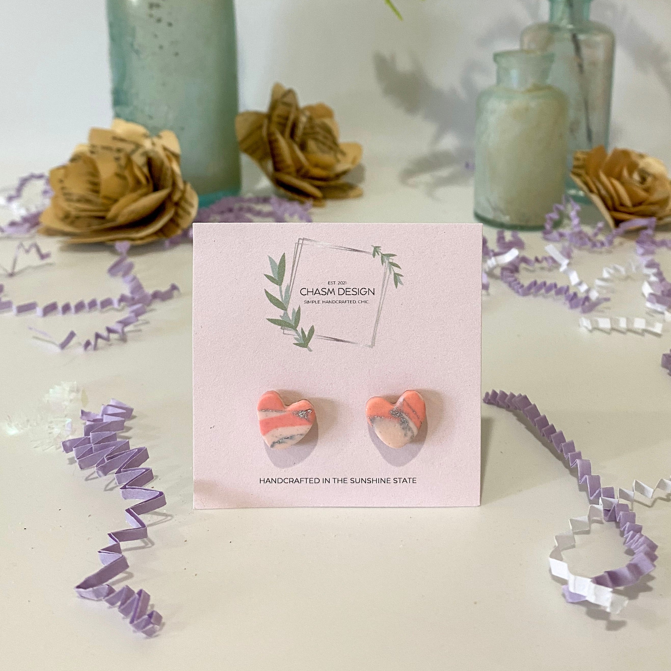 Pink and Purple Marble - Mini Heart Studs