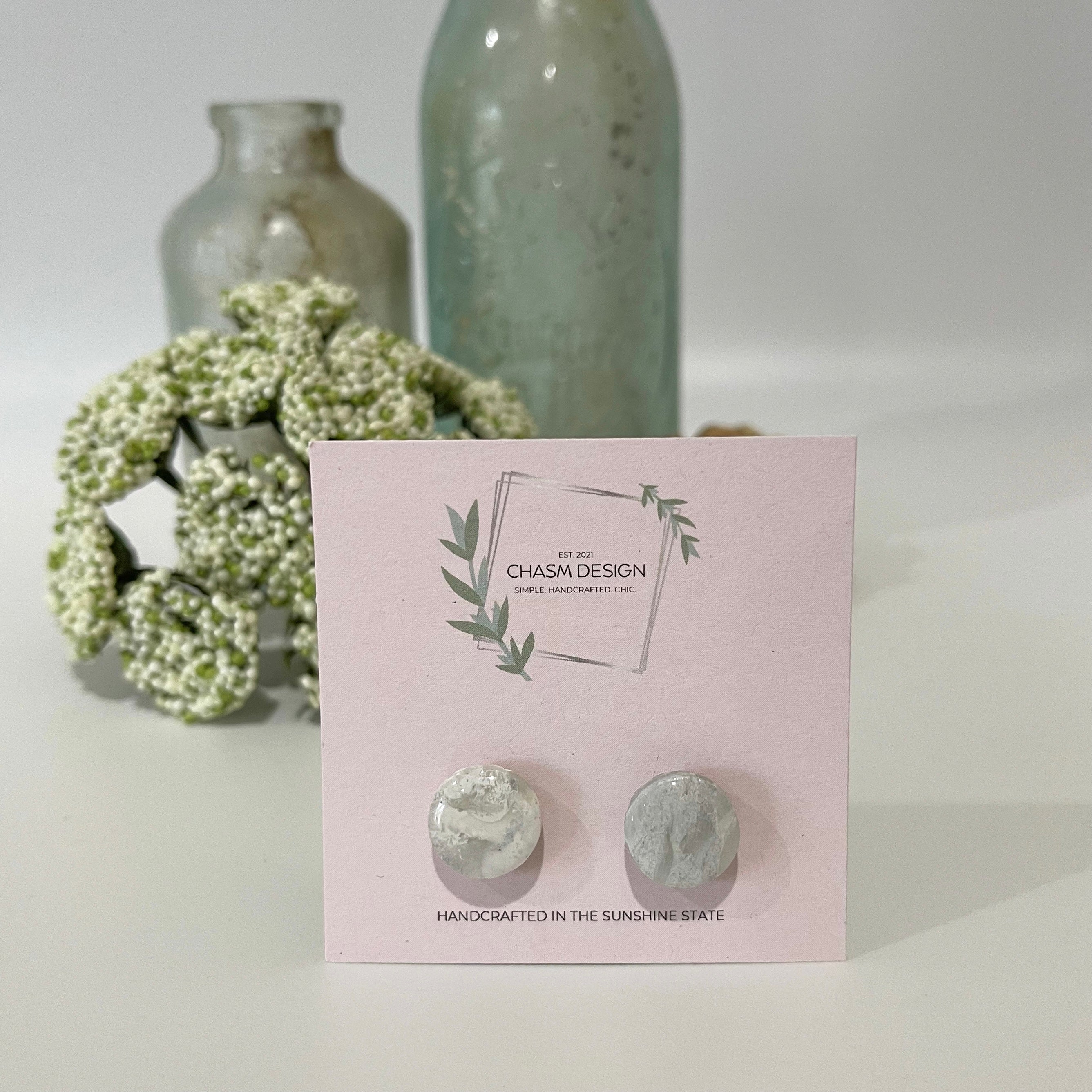 White and Silver Marble - Mini Circle Studs