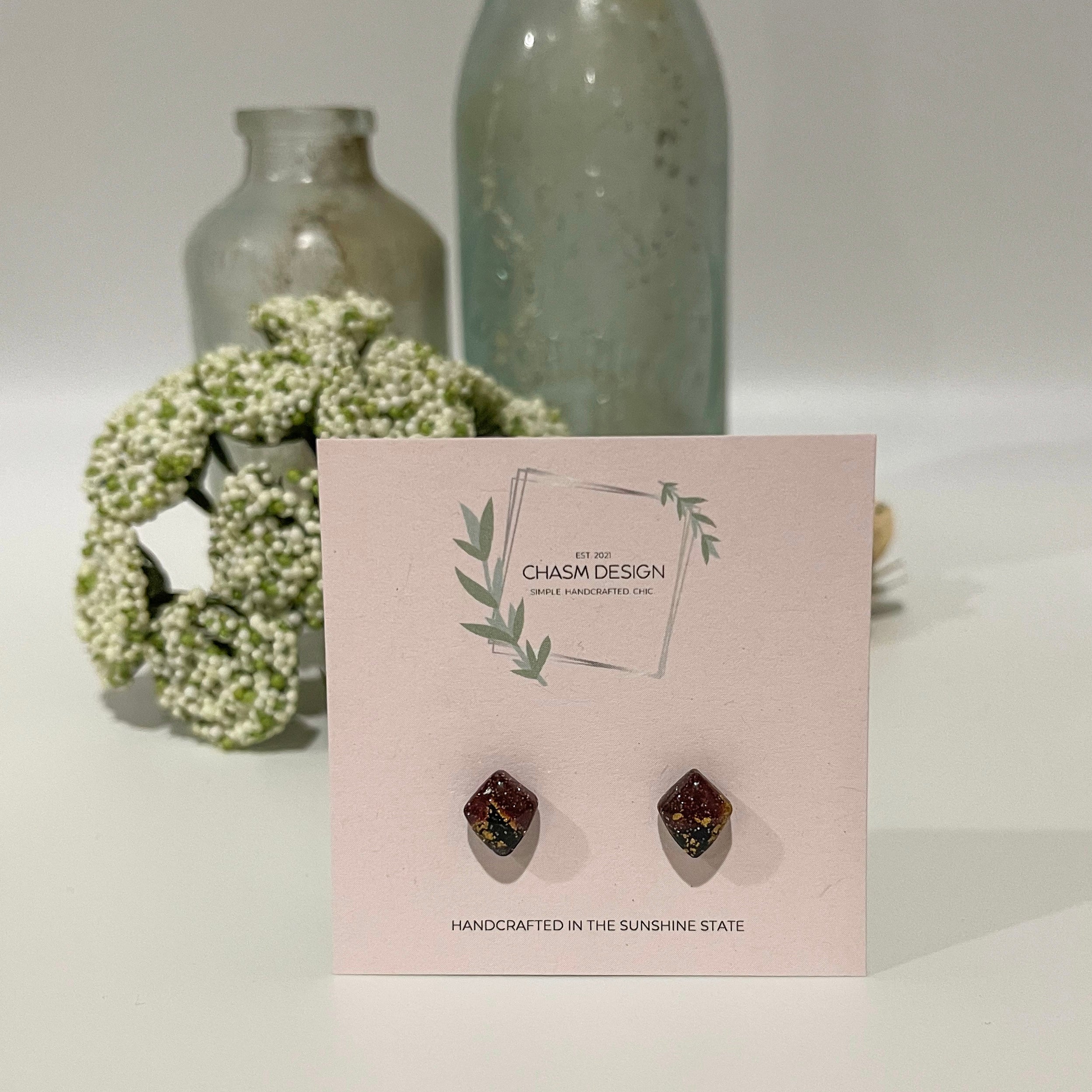 Burgundy and Gold Marble - Tiny Diamond Studs