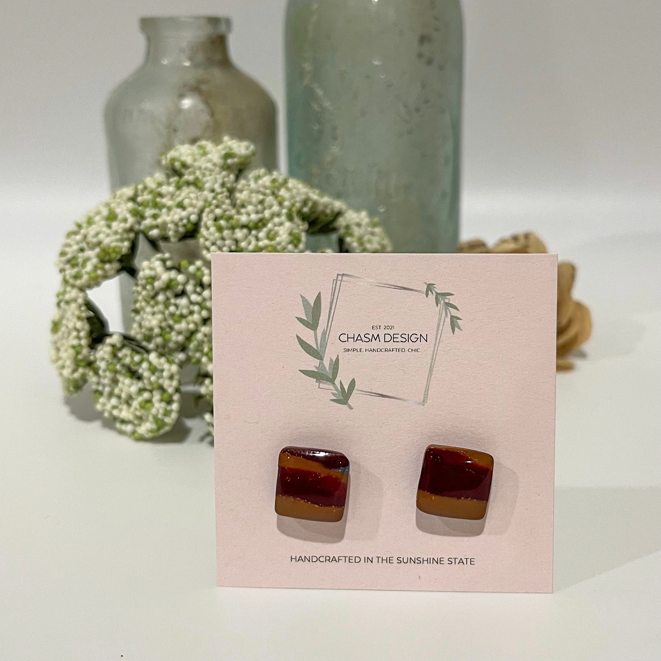 Tuscan Marble - Burgundy Small Square Studs