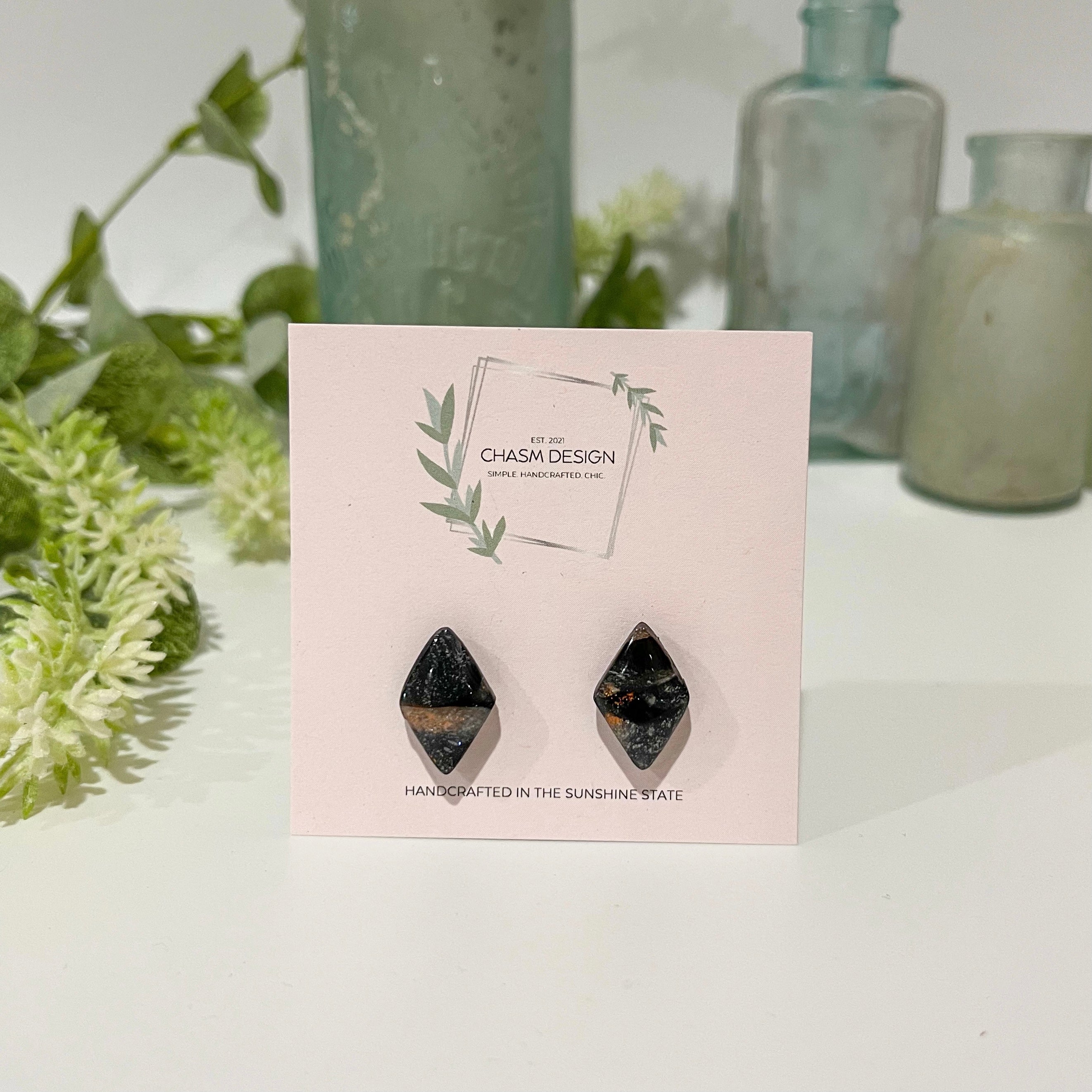 Rose Gold and Black Marble - Mini Diamond Studs