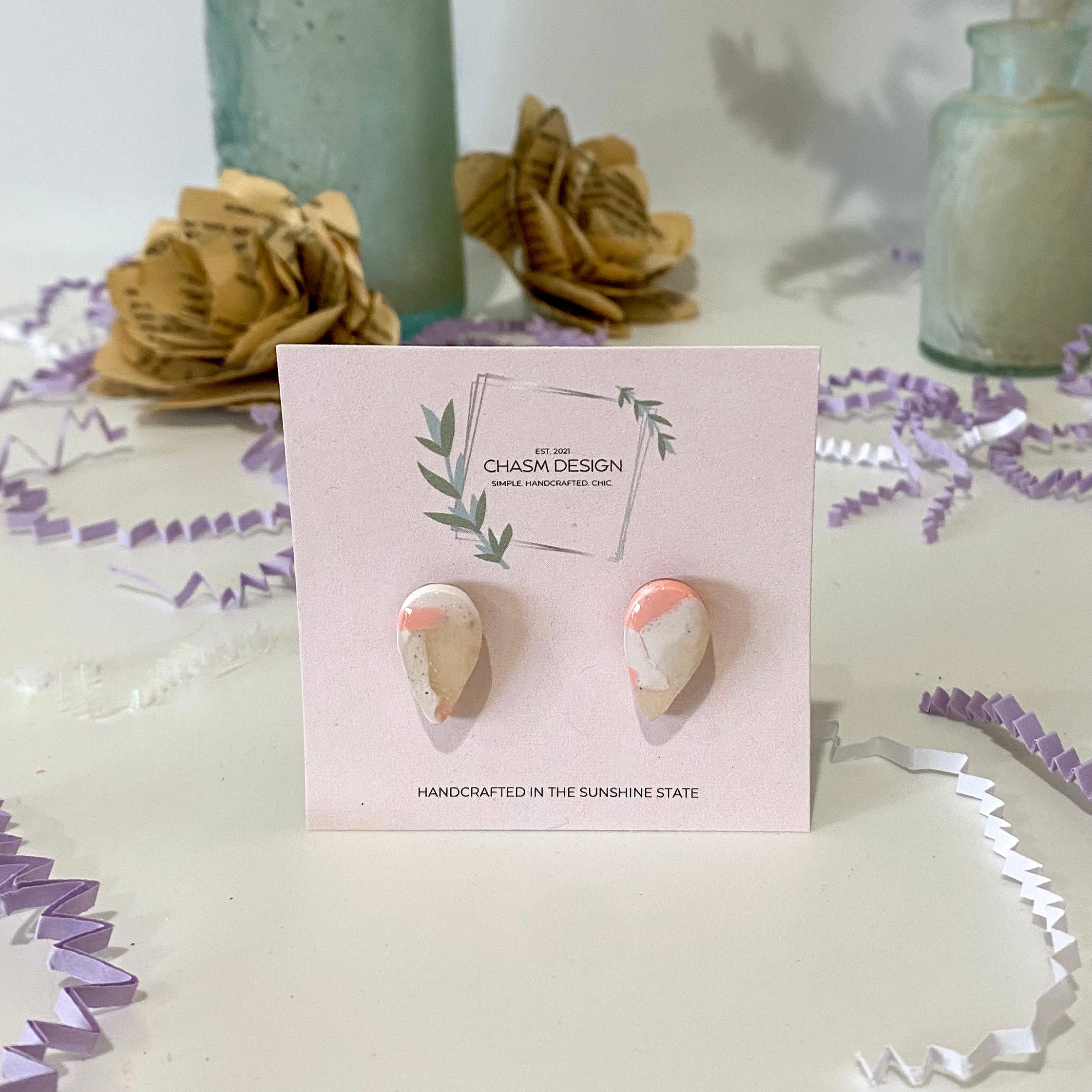 Pink and White Marble - Mini Inverted Teardrop Studs