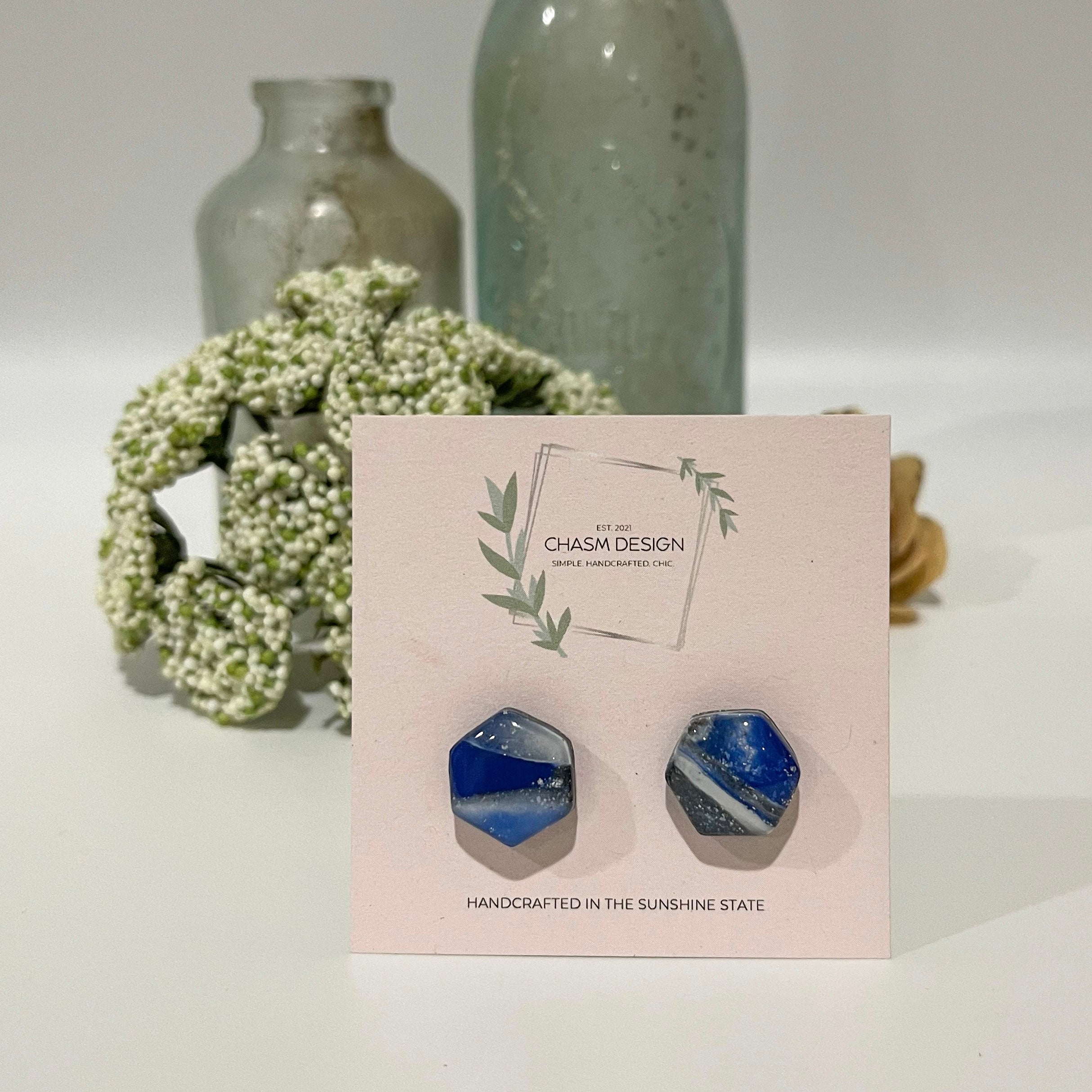 Royal Blue Marble - Mini Hexagon Studs